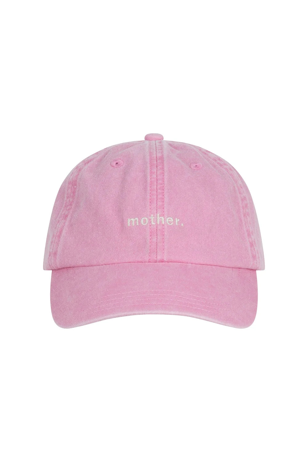 The Lenn Label ~ Mother Cap Blush by LENN LABEL is a pink cotton canvas cap featuring "mother." in cream embroidery. It has an adjustable fit, a slightly curved brim, and visible stitching for style and comfort.