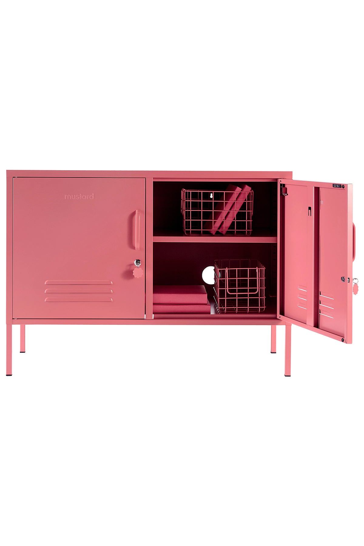 The lowdown locker in berry open with a basket inside.