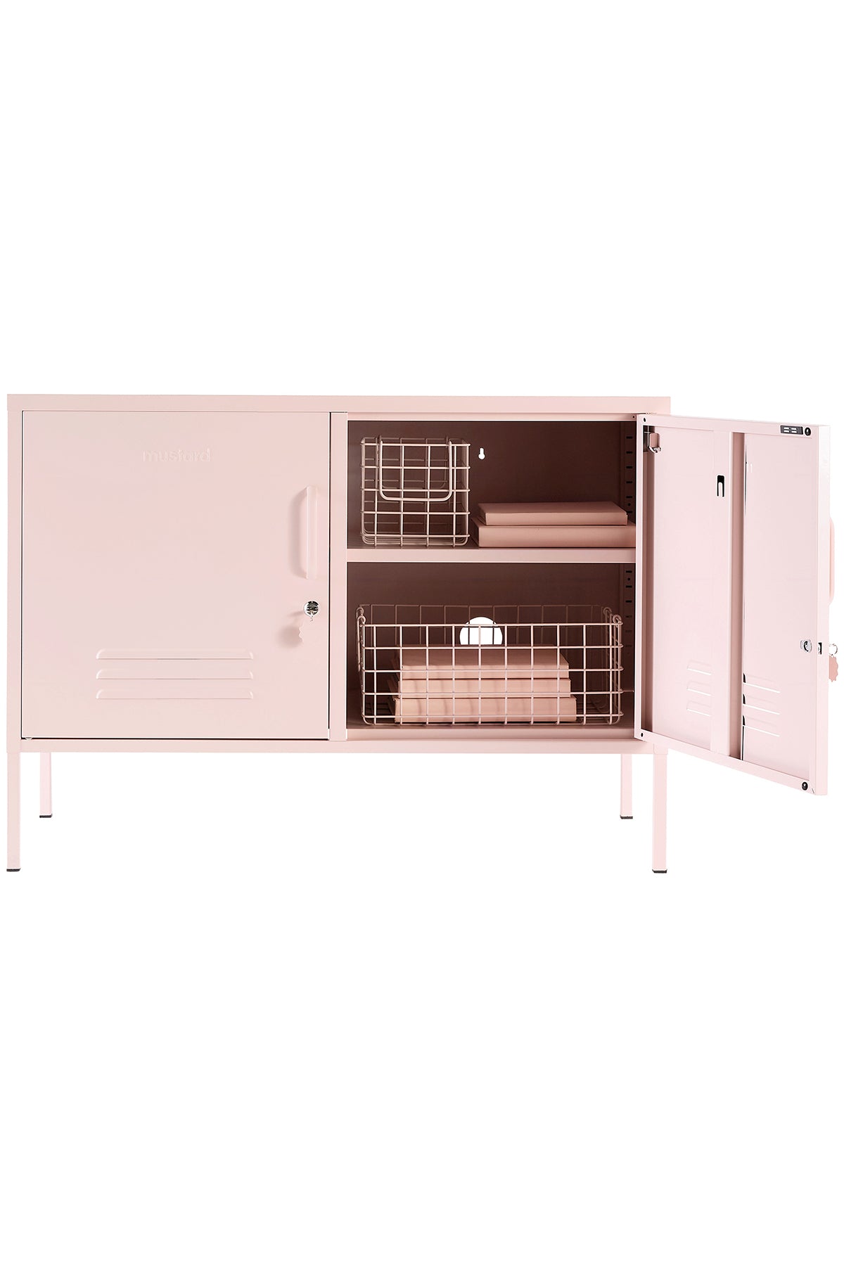 The lowdown locker in blush with its door open and basket inside..