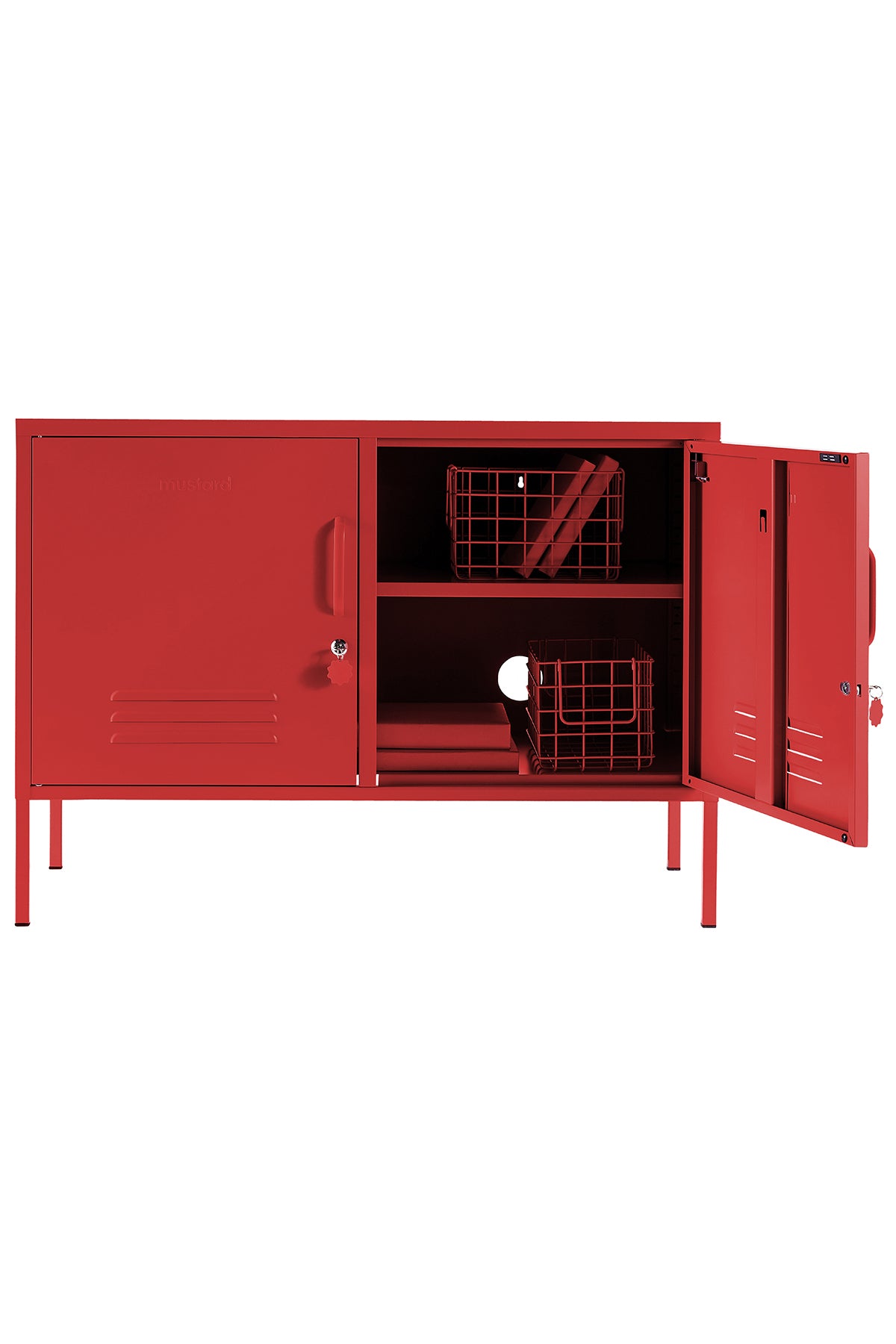 The lowdown locker in poppy with open door and baskets inside..