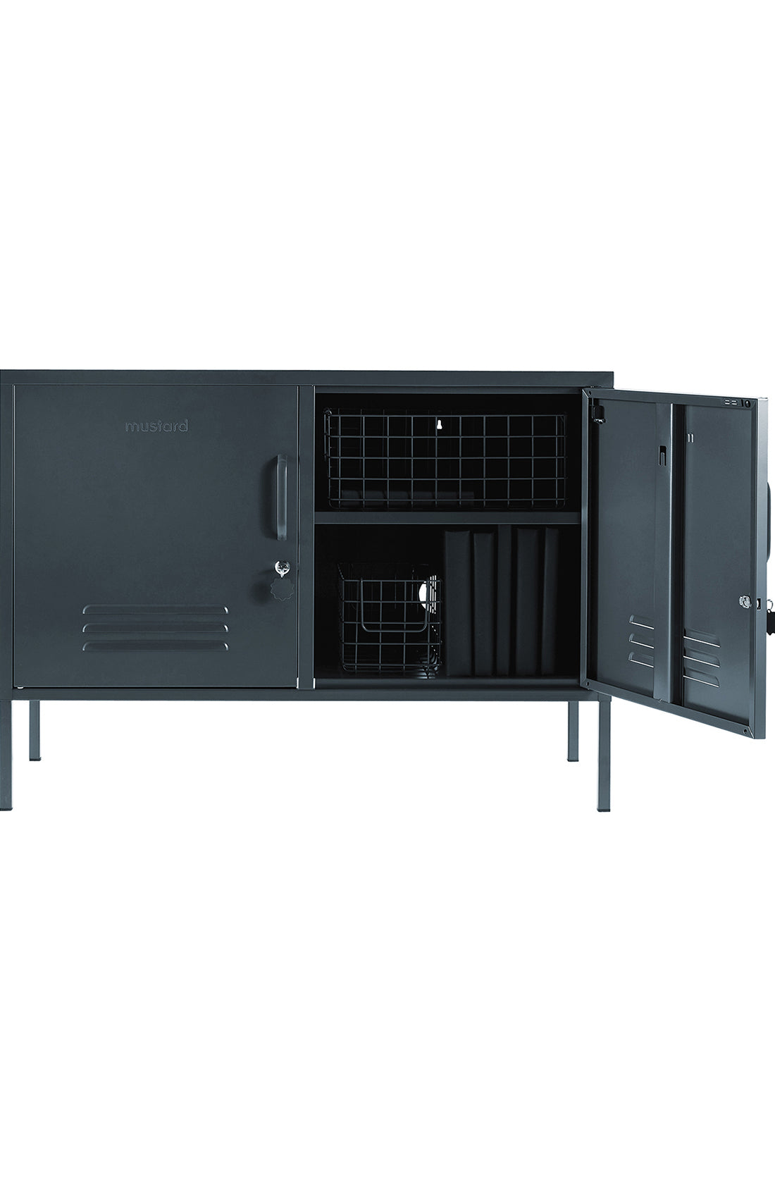 The lowdown locker in slate with one door open and baskets inside..