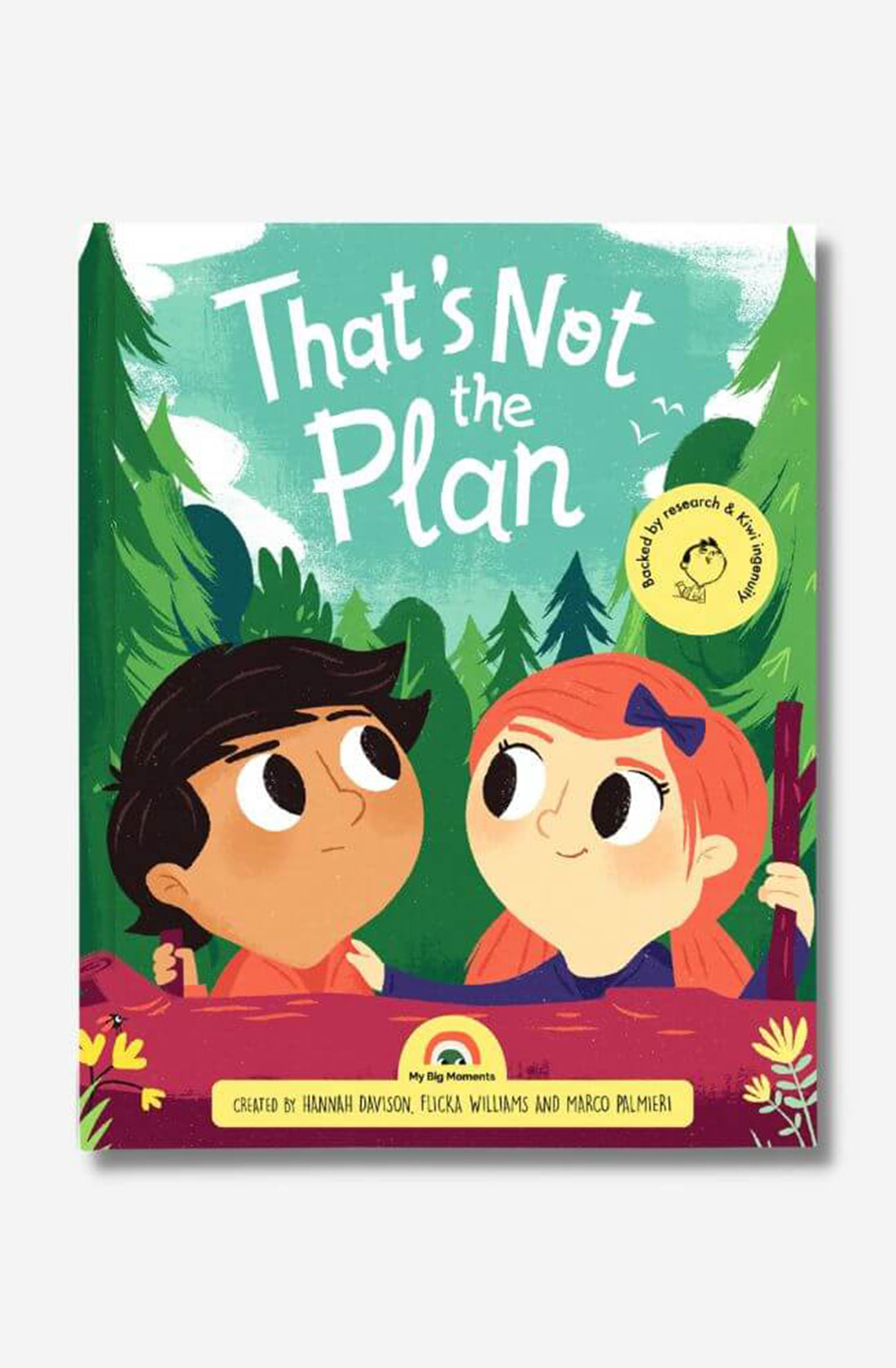 The cover of the children's book titled "That's Not the Plan" from MY BIG MOMENTS showcases illustrations of a boy and a girl against a forest backdrop. It features a badge that reads "Supervised by Research & Experts" to assure it aids in building resilience, and highlights its creators Hannah Davison, Flicka Williams, and Marco Palmieri.