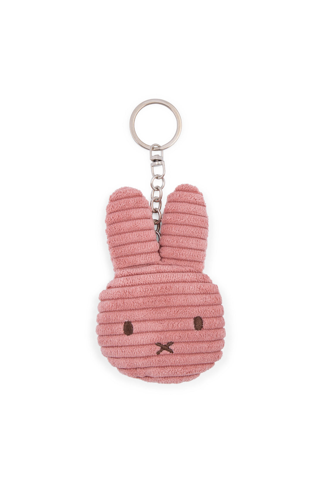 The Miffy Flat Keychain Corduroy Dusty Rose, by BON TON TOYS X MIFFY, features a charming bunny's head in a soft pink shade. The bunny's face is minimalistic with small black eyes and a petite, black "x" for a mouth. Crafted from ribbed corduroy fabric and recycled polyester, this keychain comes with a silver ring and chain on top, making it an adorable accessory for your backpack.