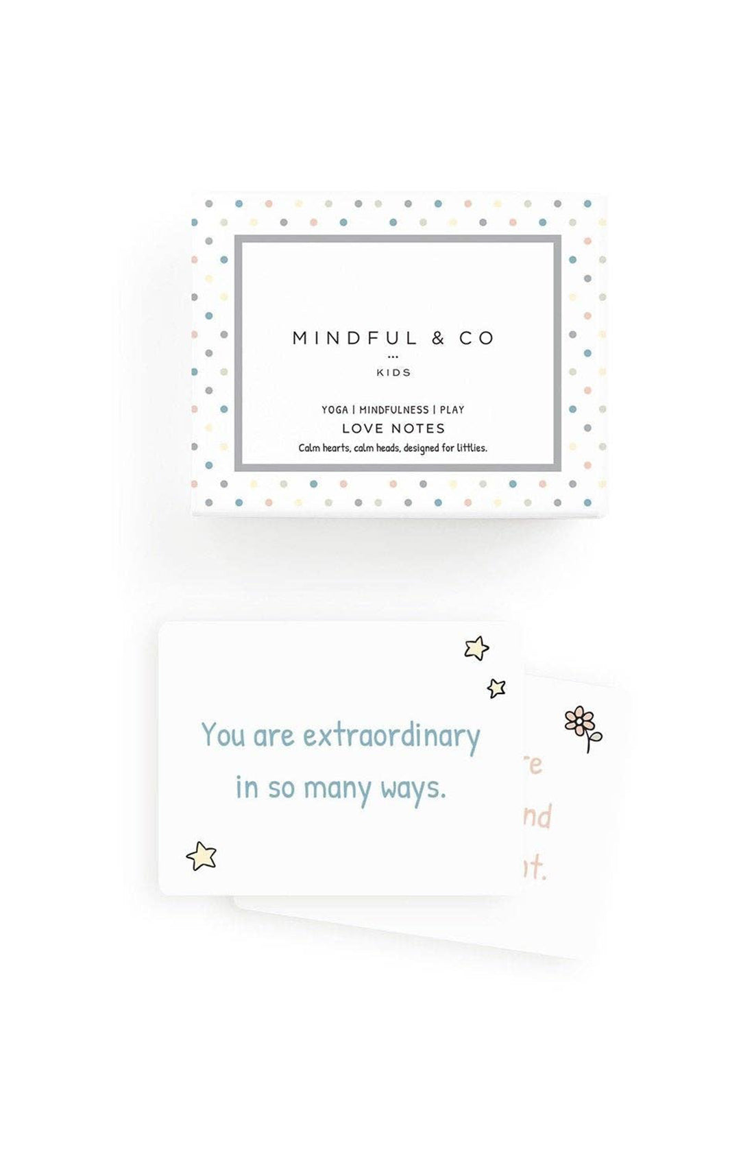 The Mindful & Co love notes packaging next to a card that says "your are extraordinary in so many ways".