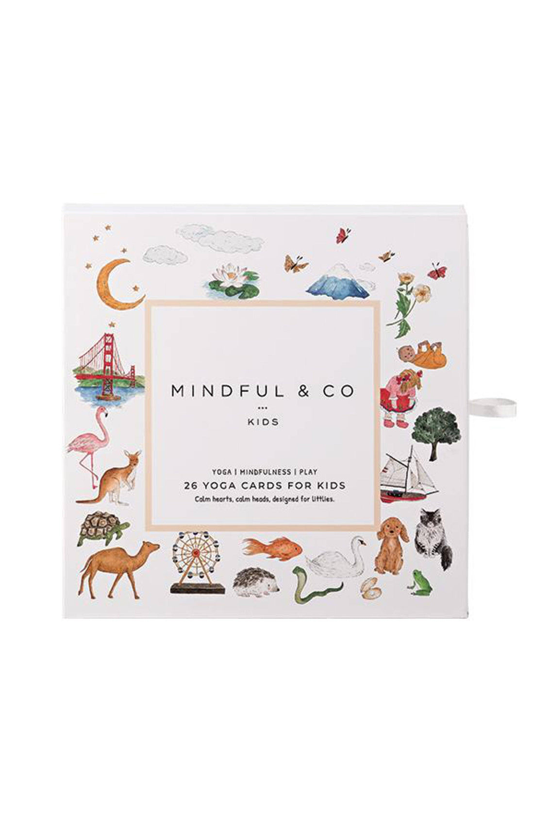 A white box titled "Yoga Flash Cards" by MINDFUL & CO KIDS features playful and colorful illustrations of various animals and objects, including a flamingo, cactus, camel, elephant, mountain, Ferris wheel, and more. The box description highlights 26 yoga flash cards for kids designed to aid in anxiety management through mindfulness.