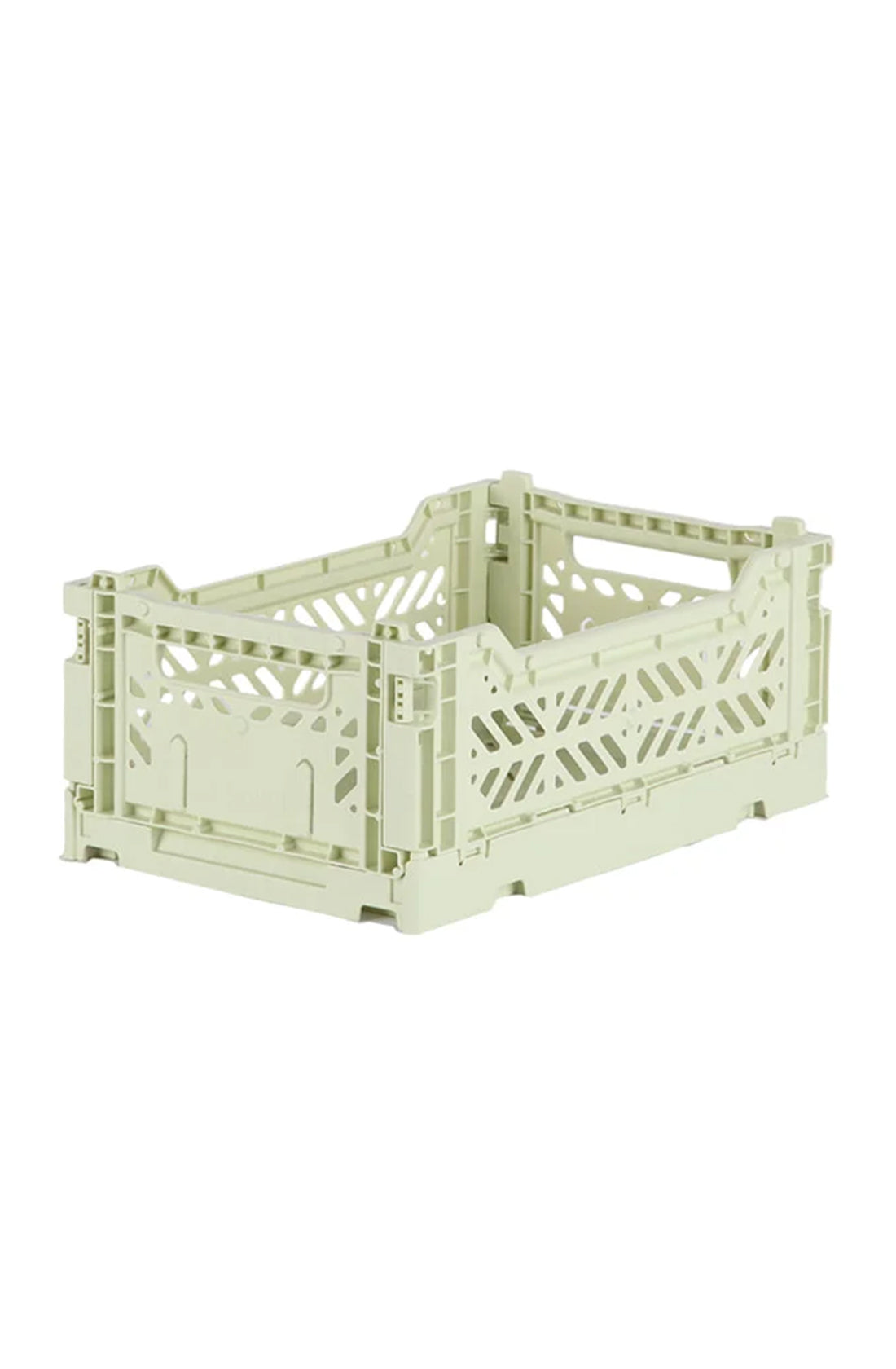 A lime cream Aykasa Mini Storage Crate with open slotted sides and handles. This durable, high load-resistant crate features a stackable design and a collapsible structure, making it perfect for easy home organizing, storage, and transportation. It is placed on a white background.