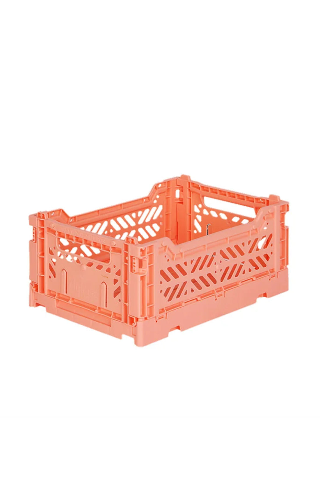 The AYKASA Mini Storage Crate in Salmon is a durable, collapsible plastic storage solution featuring perforated sides and convenient handles. Perfect for home organizing, this folding crate offers a stackable design and can be easily folded out, ready for use.