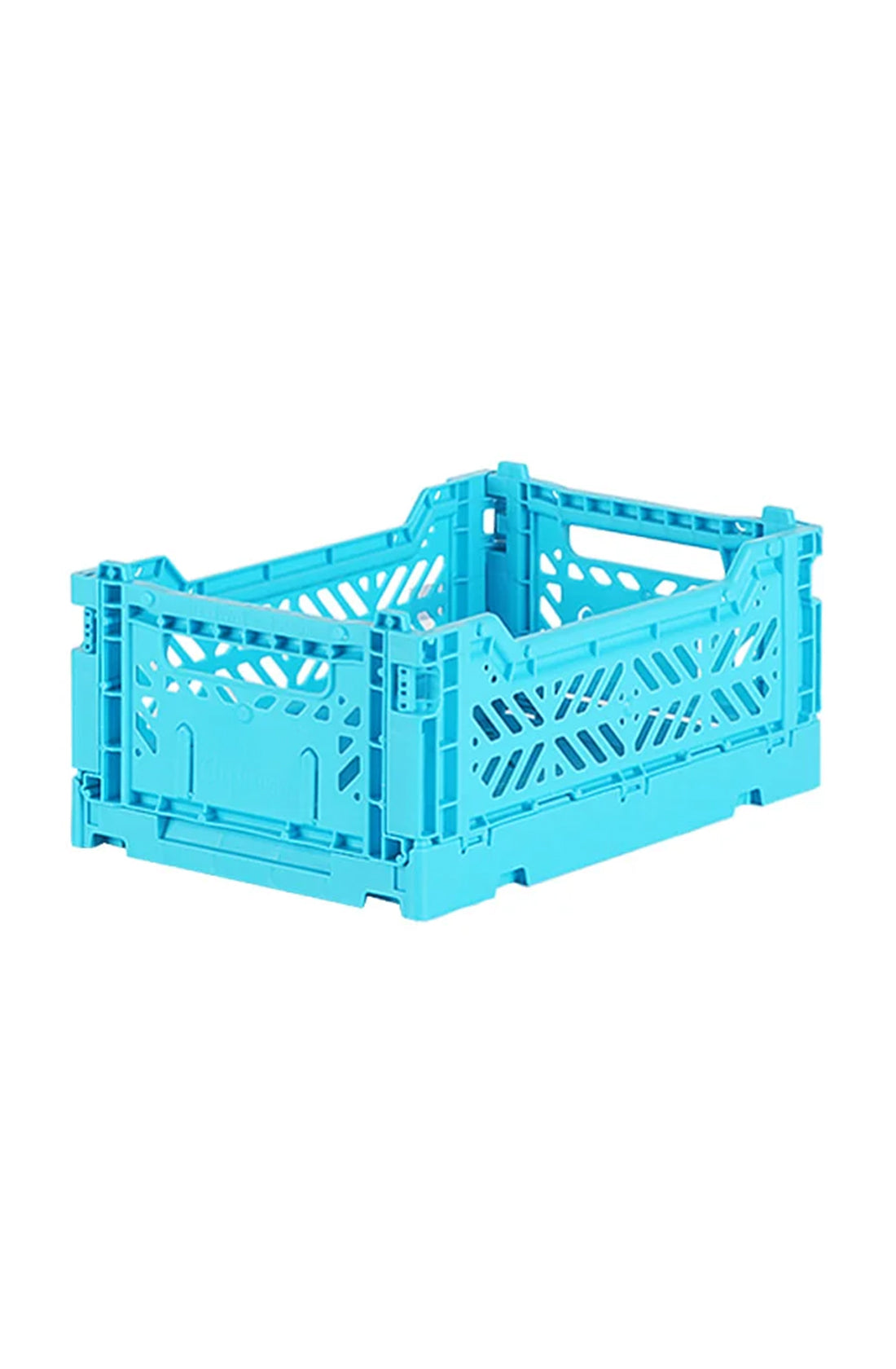 Introducing the AYKASA Mini Storage Crate in Turquoise: a foldable, open plastic crate with perforated sides and a solid base. This fully assembled rectangular crate features interlocking edges for easy stacking, making it perfect for home organizing.