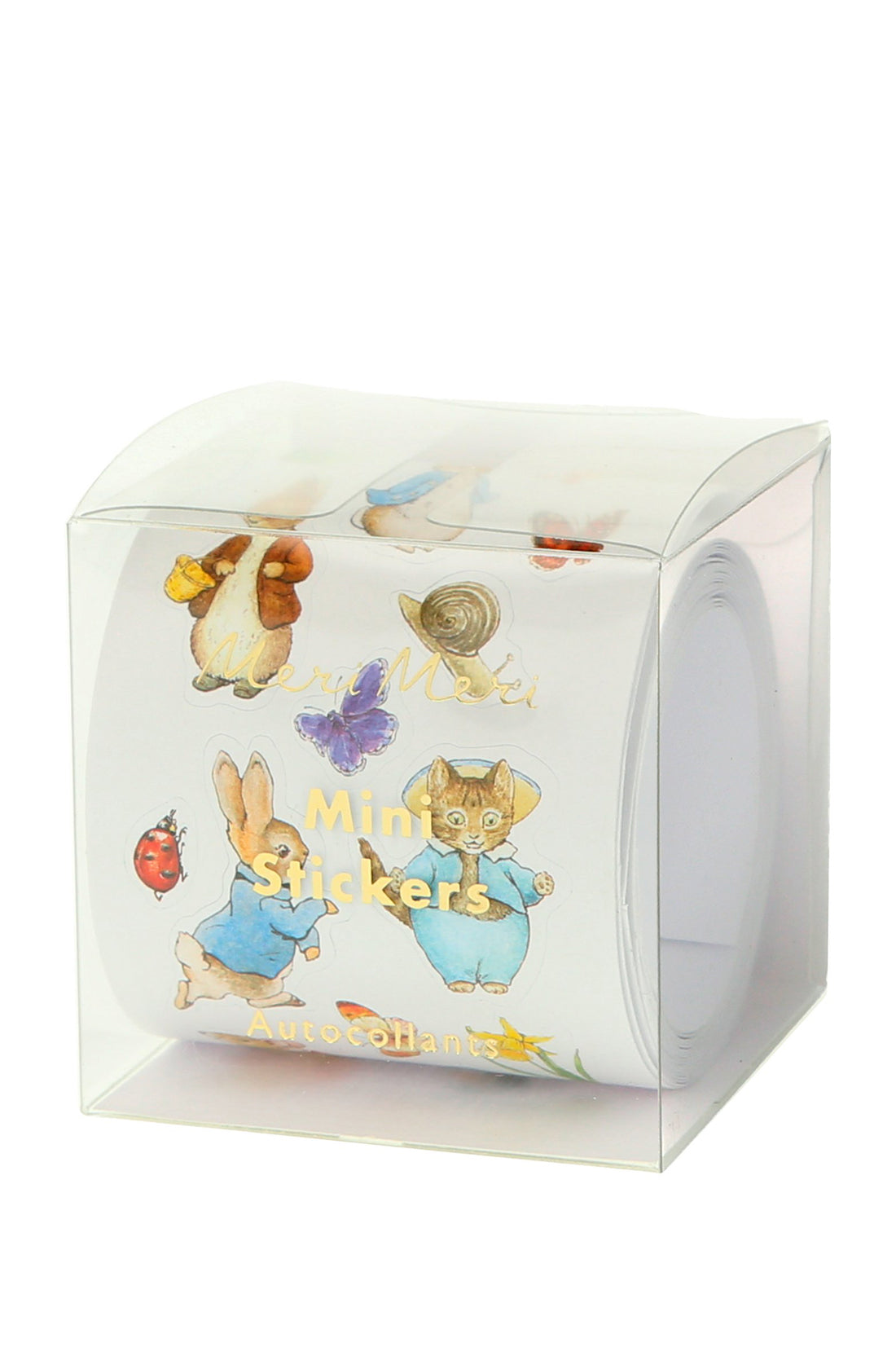 The Peter Rabbit & Friends Sticker Roll from MERI MERI comes in a clear box and contains a roll of 306 mini stickers featuring illustrations of animals in colorful outfits and various objects. The text "Mini Stickers" is elegantly printed in gold on the box, making it perfect for party bag gifts.