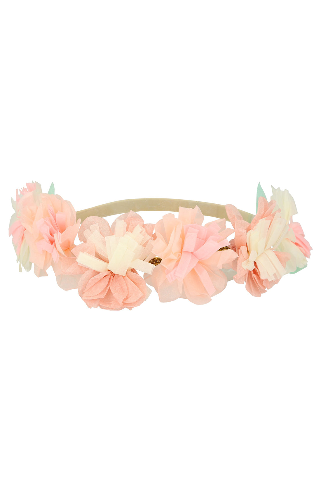 The Blossom Party Crowns by MERI MERI, available in a pack of 6, feature multiple artificial flowers in soft pastel hues of peach, pink, and cream. The delicate blooms are affixed to light and flexible bands, making them perfect decorative accessories for fairy parties or princess gatherings—truly the ultimate blossom crown.