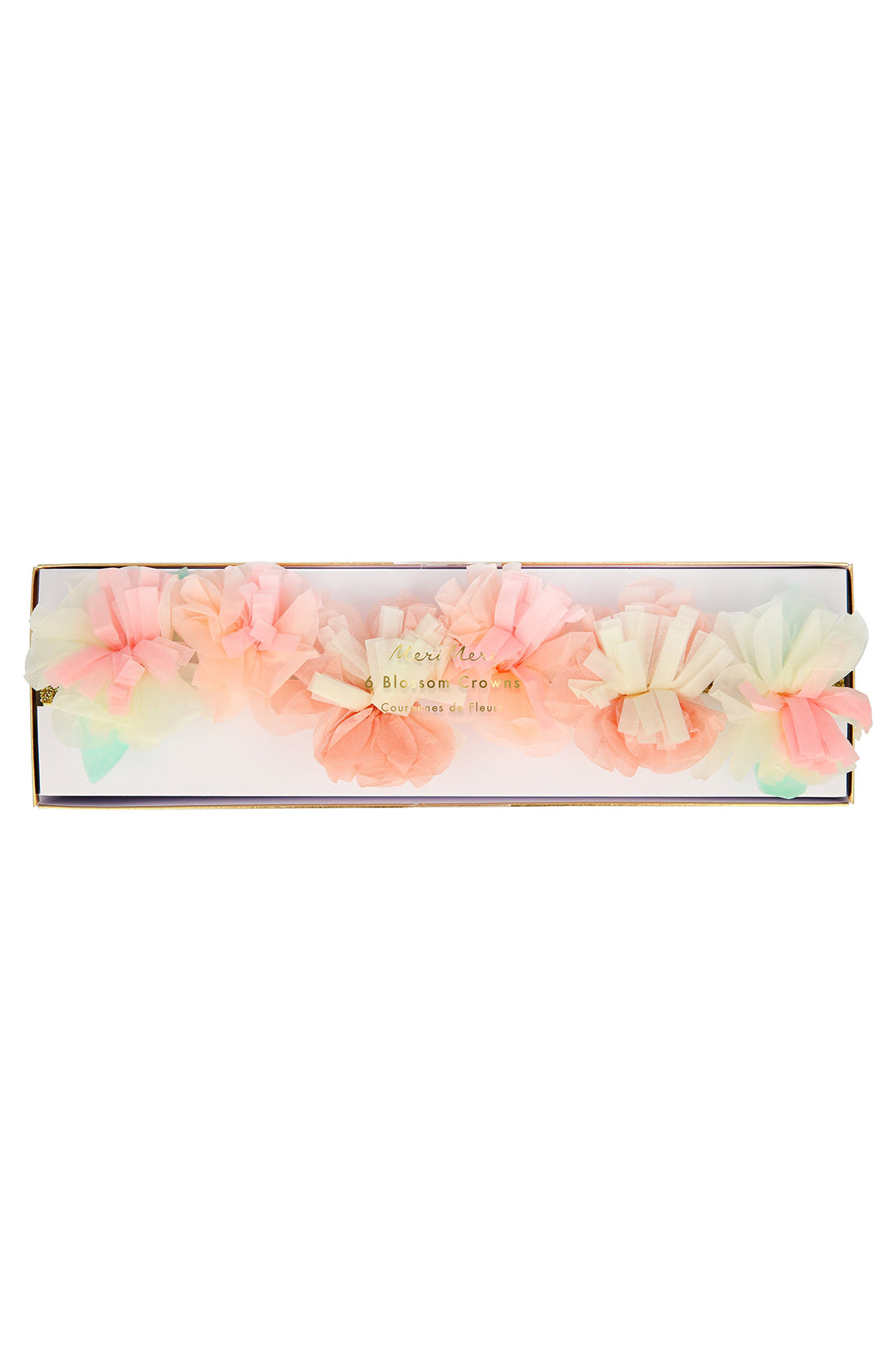 A rectangular white box contains a pack of Blossom Party Crowns designed with tissue paper flowers in pastel shades of pink, orange, and green. Perfect for fairy or princess parties, the box features "Here, Flo" and "Biggest Friend" printed in gold text at the top. The product is offered by the brand MERI MERI.