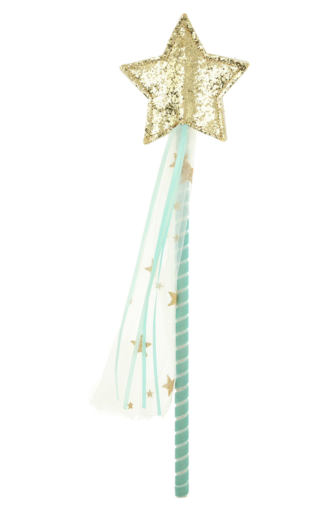 The Tulle Star Wand Mint by MERI MERI is a golden star-shaped wand adorned with glitter, featuring a light blue handle. Perfect for any fairy or princess, it boasts trailing ribbons and sheer fabric with star patterns extending from the star. An ideal addition to your dress-up box!