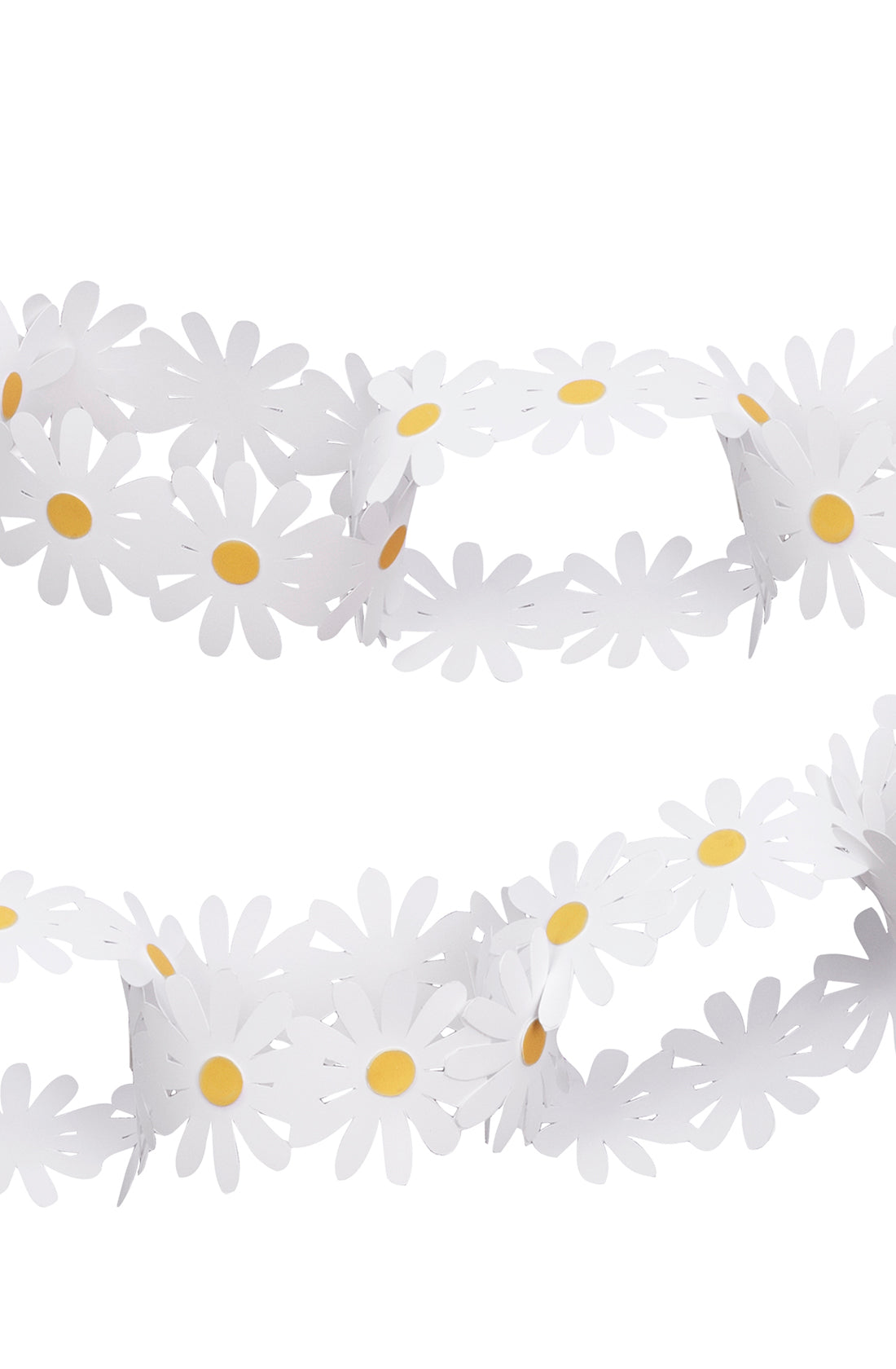 The Daisy Paper Chains by MERI MERI showcase white and yellow daisy-shaped flowers arranged in a continuous chain. The daisies alternate between overlapping and standalone, creating a cheerful, linked pattern perfect for various Spring decorations or celebrations. Ideal for crafting enthusiasts as part of a paper chain kit.