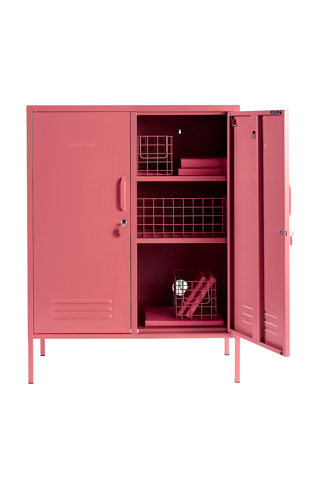 The midi locker in berry with door open.