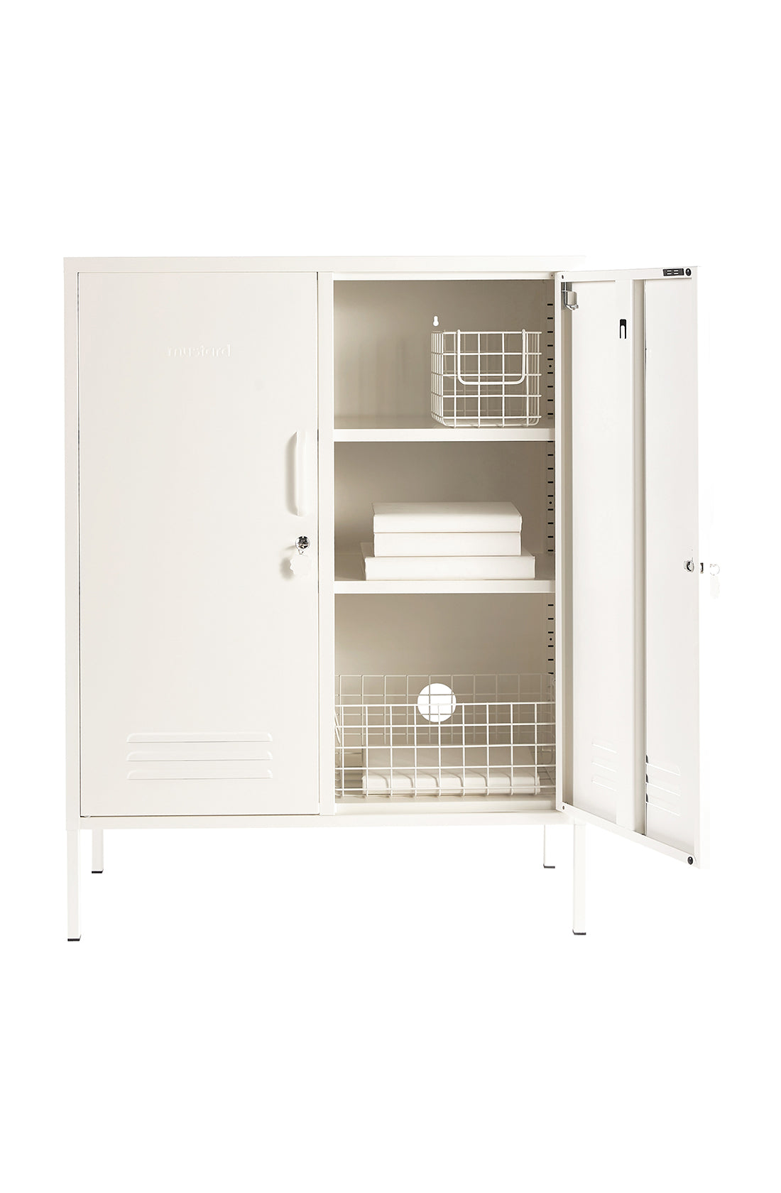 The midi locker in chalk with open door.