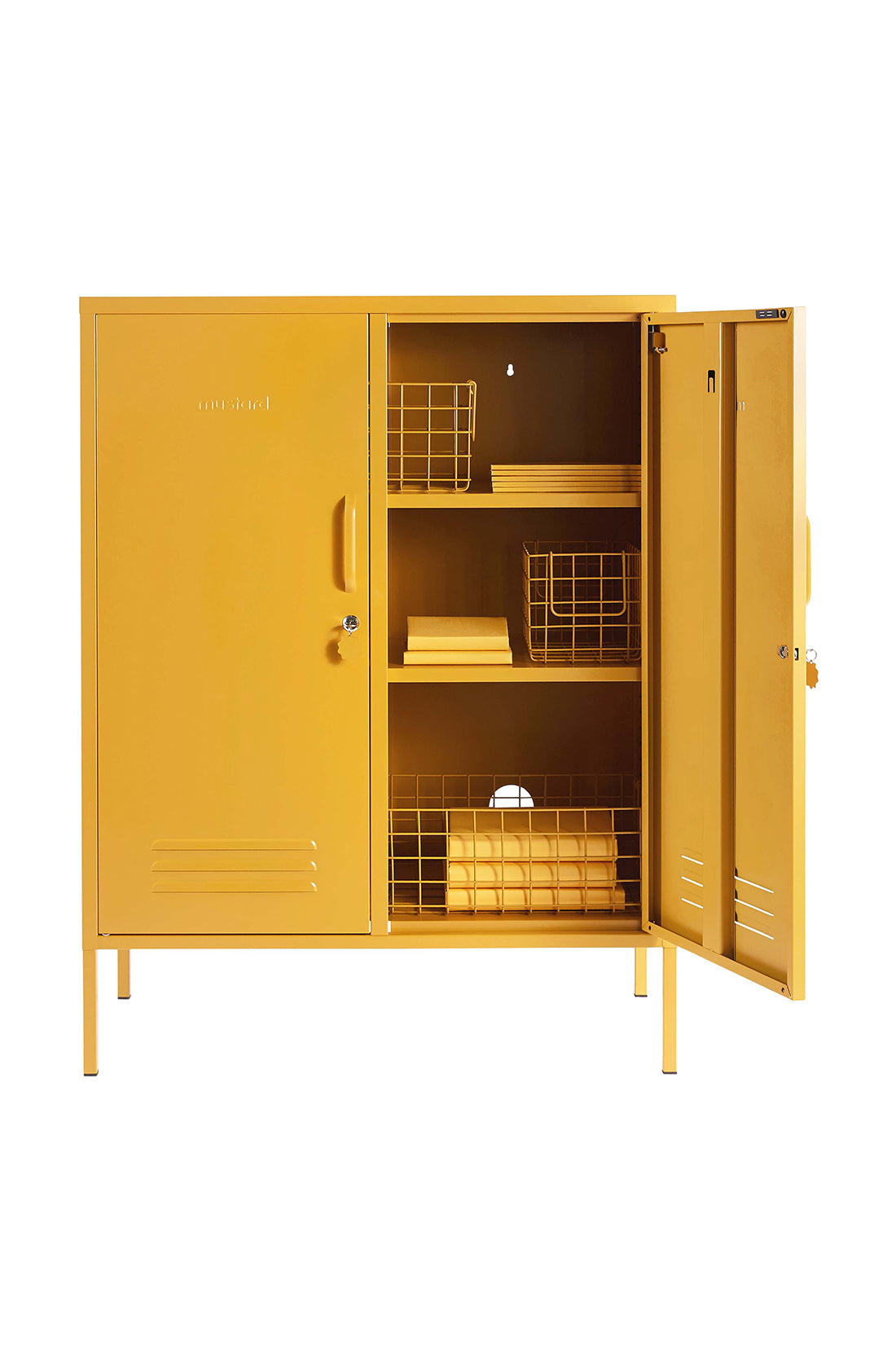 The midi locker in mustard with open door.