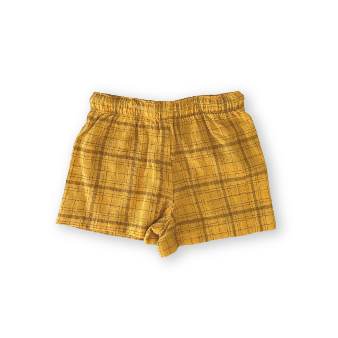 GROWN Grown - Plaid Shorts feature a yellow check pattern and drawstring waistband, made from lightweight woven fabric, shown flat on a white background.