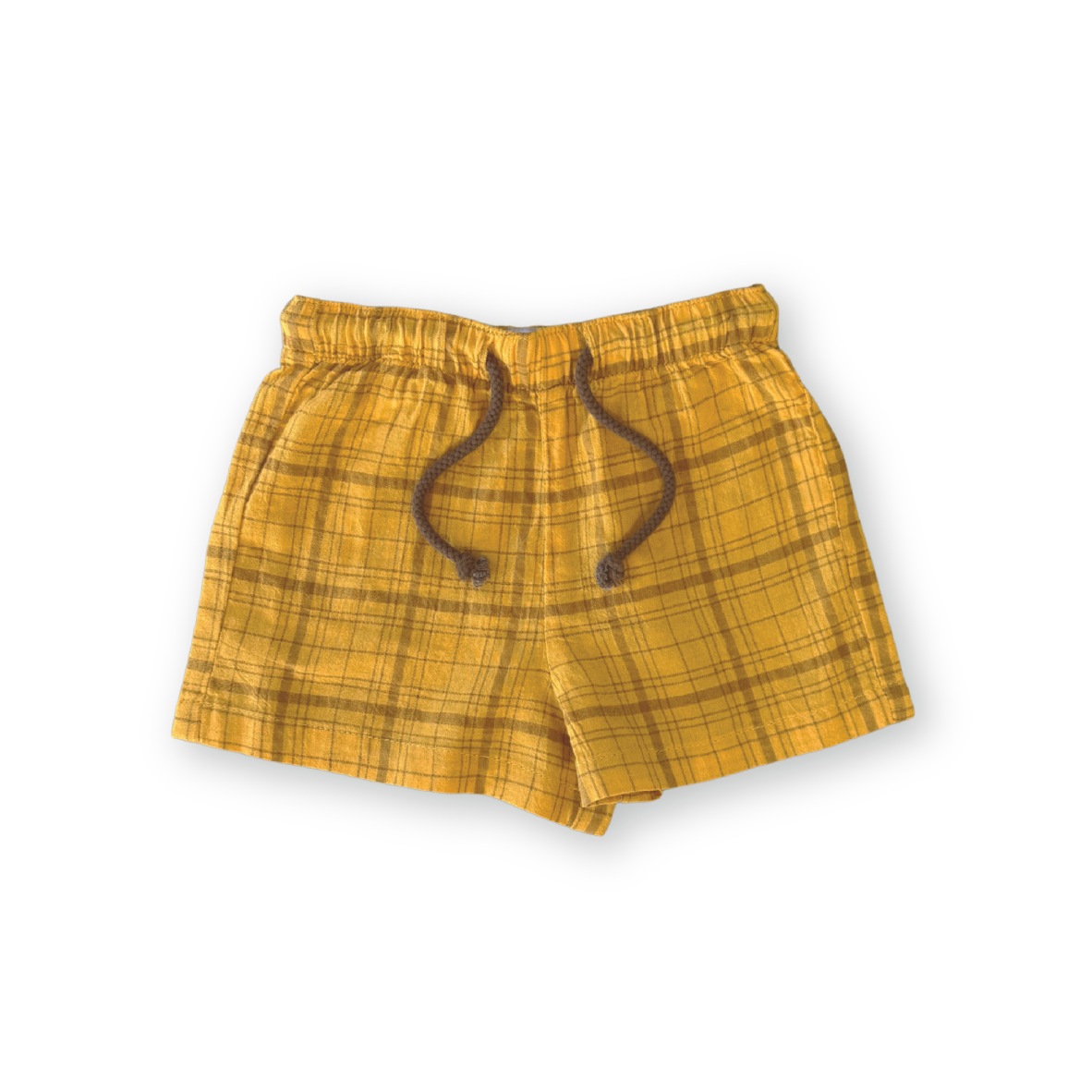 GROWN Plaid Shorts feature a yellow check pattern, gathered drawstring waistband with brown tie, and are made from lightweight woven fabric. Product shown on a white background.