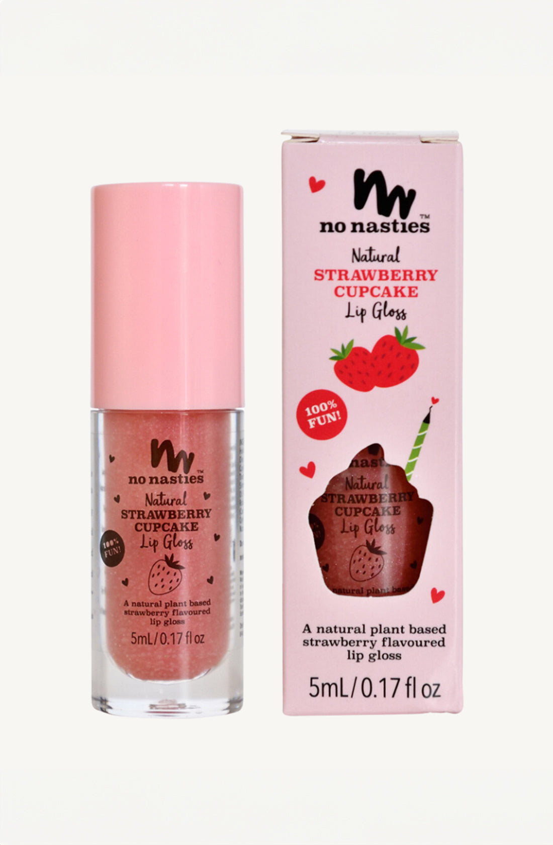 The no nasties strawberry cupcake lip gloss inside its packaging and outside it.