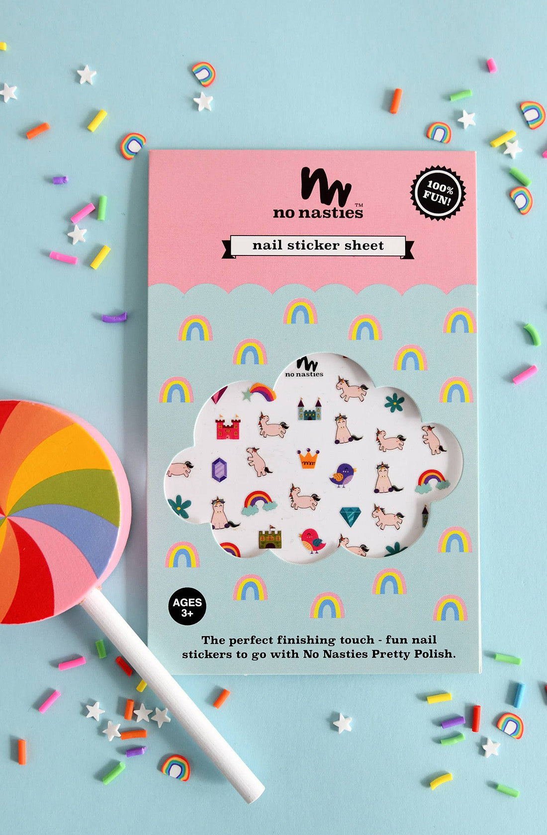 The no nasties rainbow and unicorn nail sticker sheet.