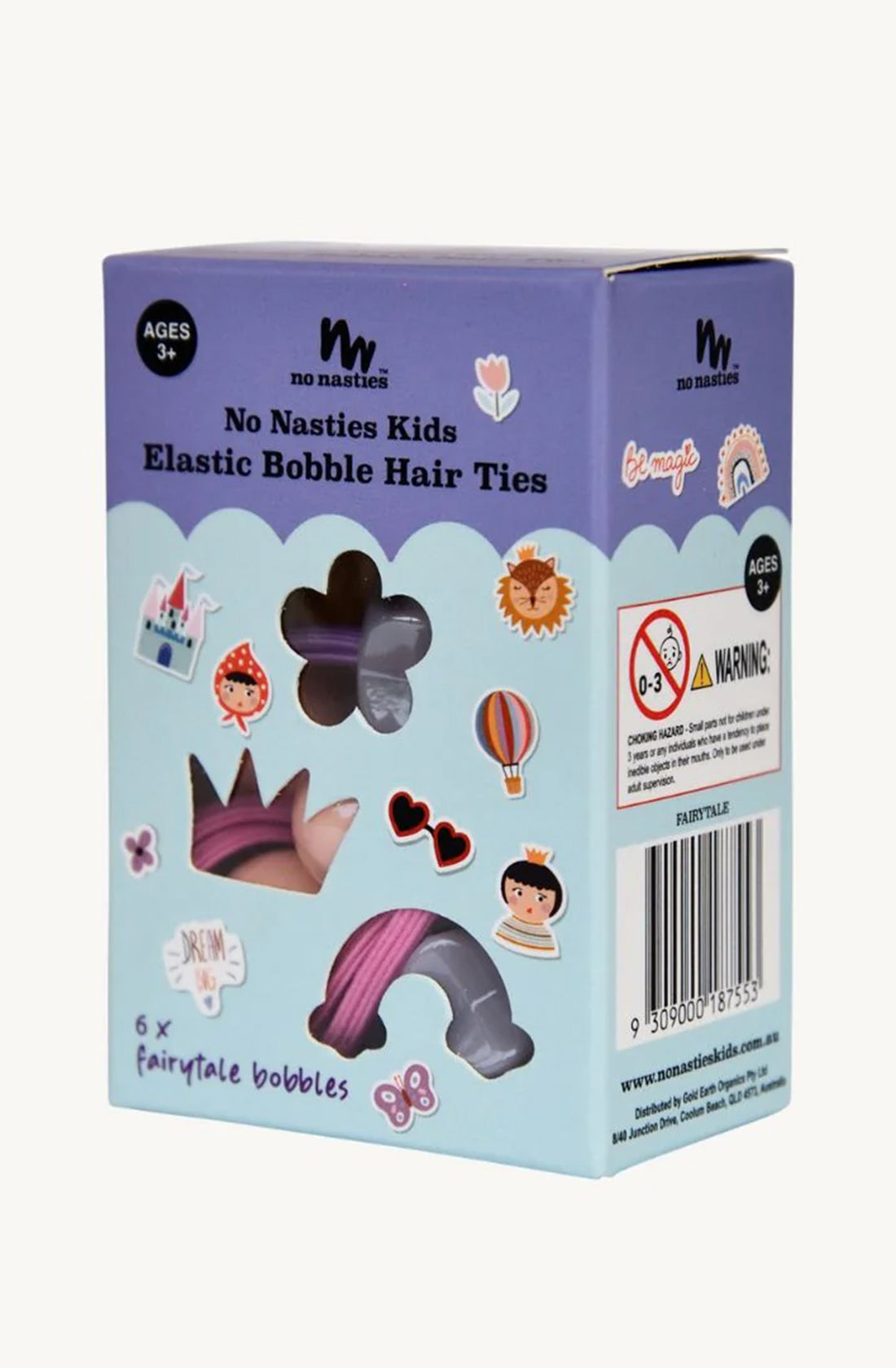 A diagonal view of a box of no nasties kids elastic bobble hair ties.