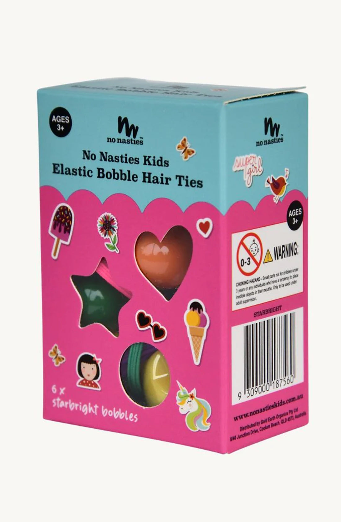 A diagonal view of the no nasties kids elastic bobble hair ties.