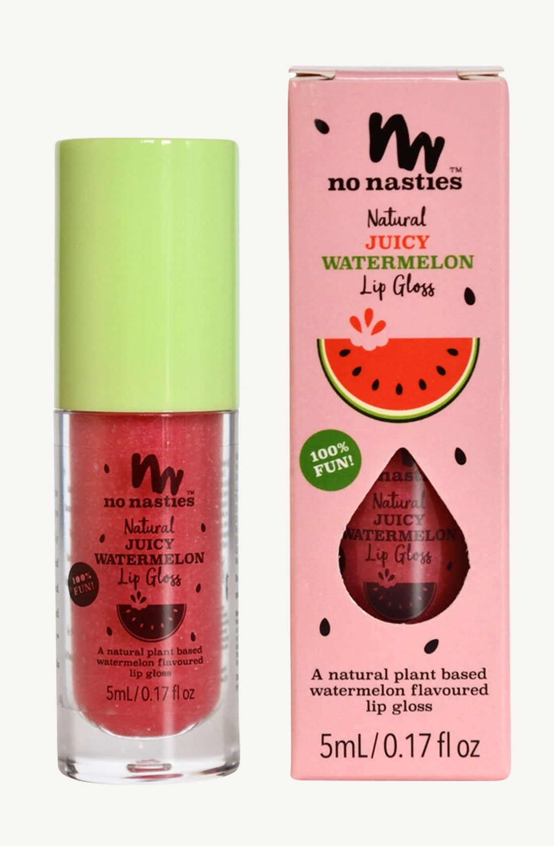 Two no nasties natural juicy watermelon lip gloss, one is in its packaging and the other not.