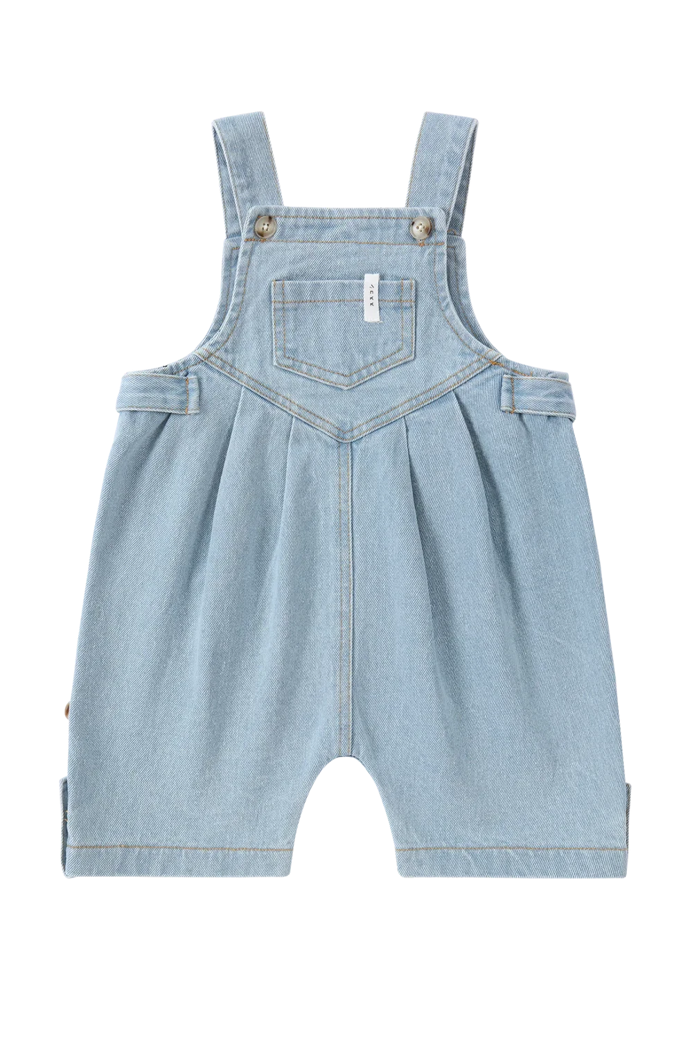 The Denim Short Overalls Baby Blue by SUSUKOSHI are designed for toddlers in a light blue hue and crafted from organic cotton. They feature adjustable shoulder straps secured with metal buttons, a small front pocket, and side pleats for added comfort. These ethically produced in China overalls have a relaxed fit with short pant legs.