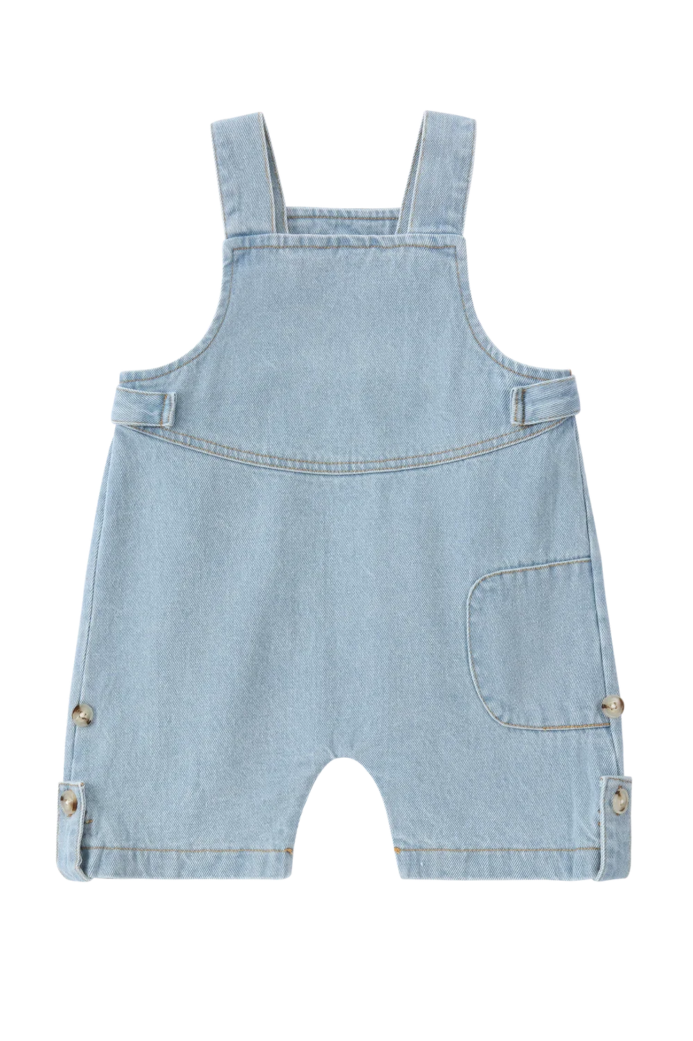 The Denim Short Overalls Baby Blue from SUSUKOSHI are shown. These light blue overalls for toddlers feature adjustable straps with metal buttons, a large front pocket on the chest, side pockets, and reinforced stitching. Ethically made in China from organic cotton, the legs end above the knee.