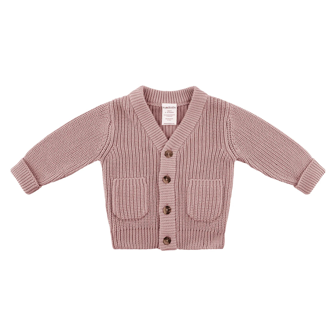The KYND BABY Chunky Knit Cardigan in Dusty Lilac is a cozy organic cotton baby sweater with long sleeves, front pockets, and four brown buttons, shown laid flat on a white background for added comfort.
