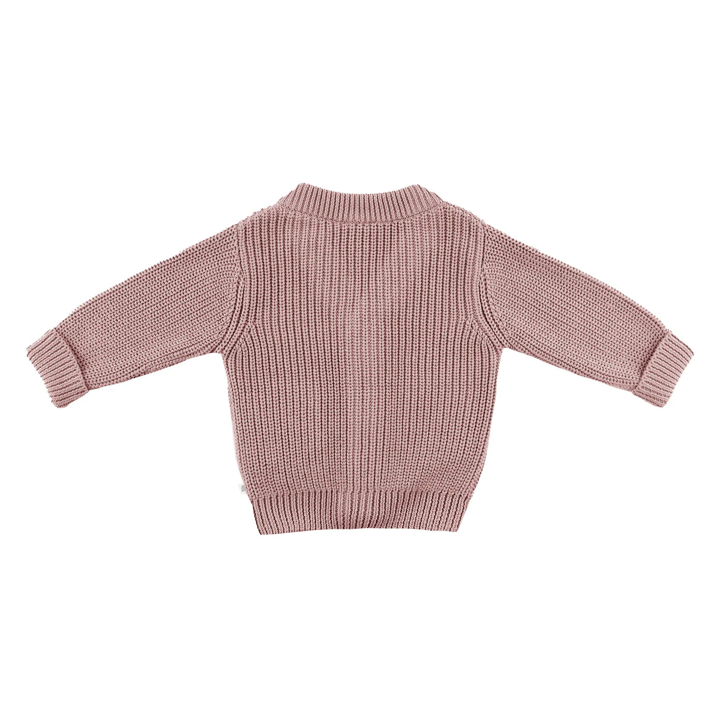 The KYND BABY Kynd Baby - Chunky Knit Cardigan in Dusty Lilac is a long-sleeved, organic cotton sweater for babies. Laid flat with the back up, it has ribbed cuffs, hem, and collar—perfect for cozy comfort among knit cardigans.