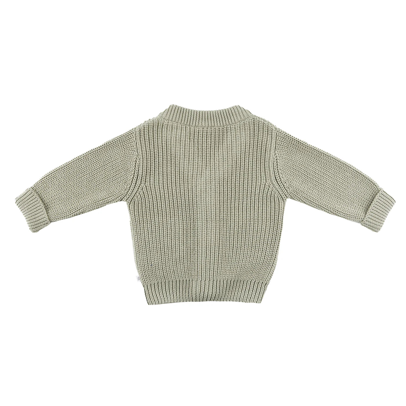 The Kynd Baby - Chunky Knit Cardigan Sage by KYND BABY, a long-sleeved, light green organic cotton sweater, is displayed flat with the back facing up on a white background for cozy baby comfort and classic style.