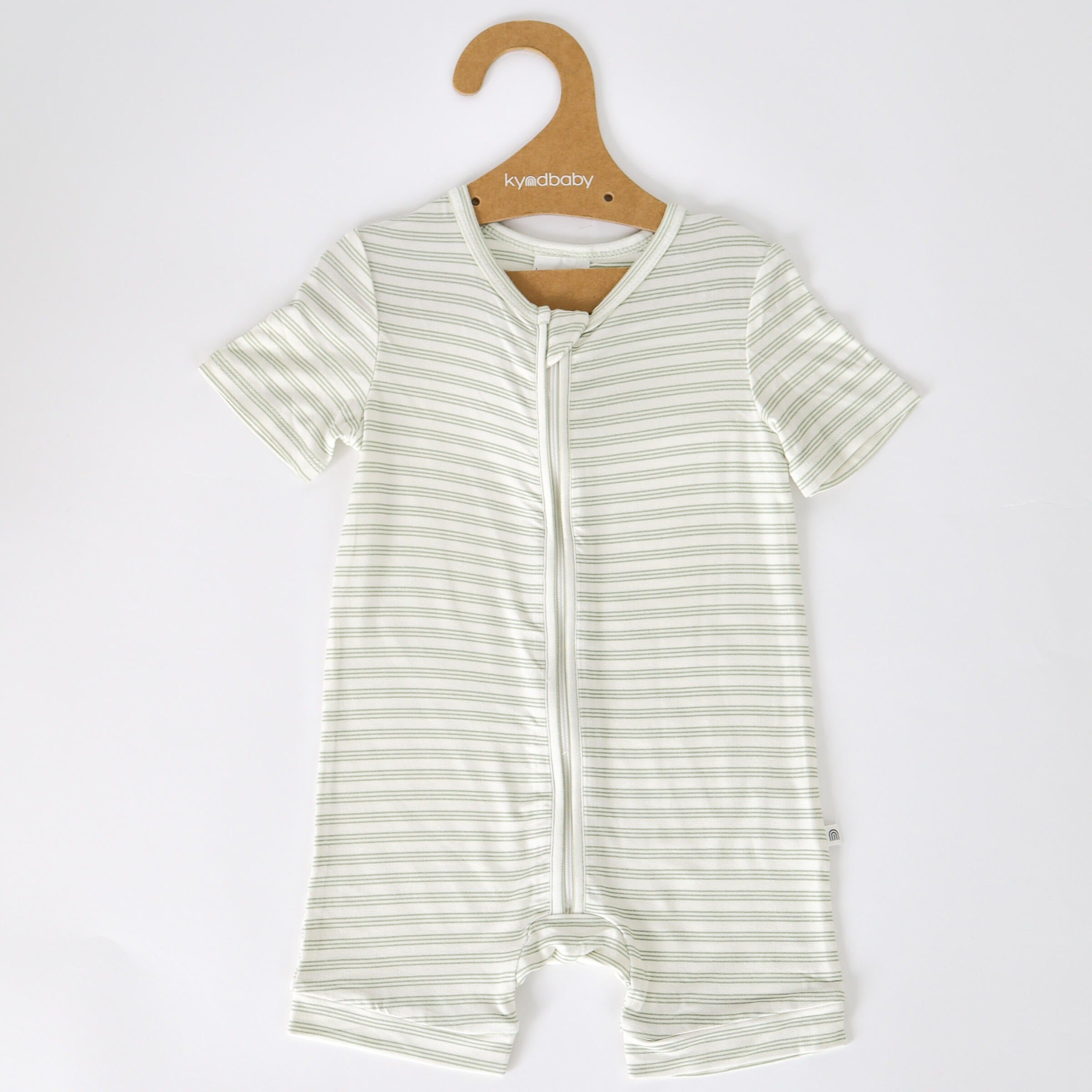 The Day or Night Short Sleeve Onesie Sage Stripe on a coat hanger.