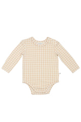 Front of comfy bodysuit in neutral gingham