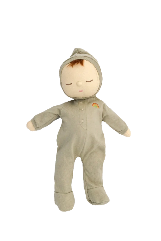 Introducing the Dozy Dinkum Pickle by OLLI ELLA—a soft doll dressed in a light gray hooded onesie featuring a small rainbow graphic on the left chest. With closed eyes, a neutral expression, and short brown hair peeking out from under the hood, this perfect first toy for cuddles and play is sure to become your baby's cherished friend.