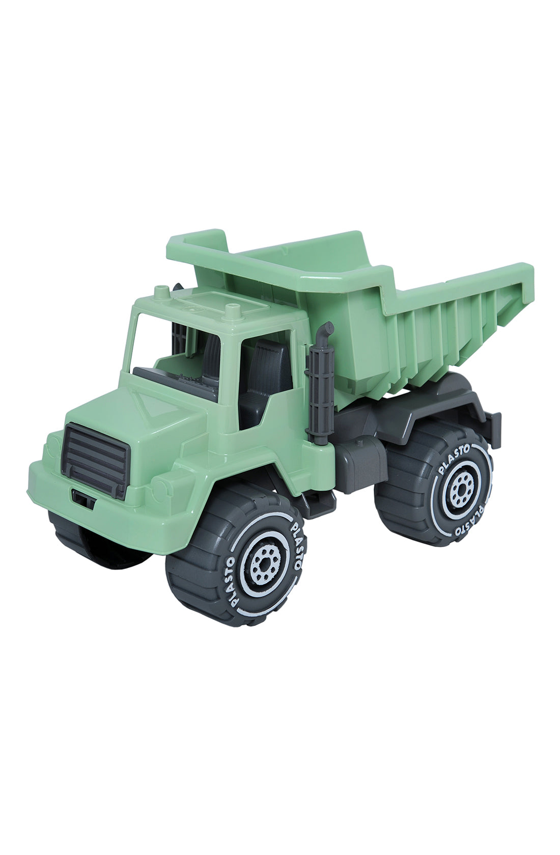 The BioPlastic Tipper Truck 30cm by PLASTO is a green toy dump truck made from bioplastic, featuring large black tires with white text. This detailed construction vehicle has a finely crafted cabin and a tipping bed at the back for carrying materials. It is an ideal sustainable toy for eco-conscious kids.