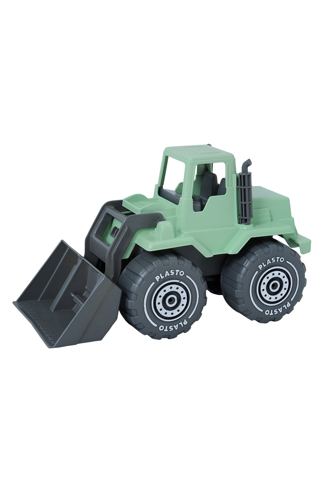 The BioPlastic Front Loader 30cm by PLASTO is a green toy bulldozer crafted from environmentally friendly bioplastic. It features black wheels with "PLASTO" written on them and comes with a gray scoop. Displayed on a white background, this sustainable toy is made from durable materials, ideal for eco-conscious play.