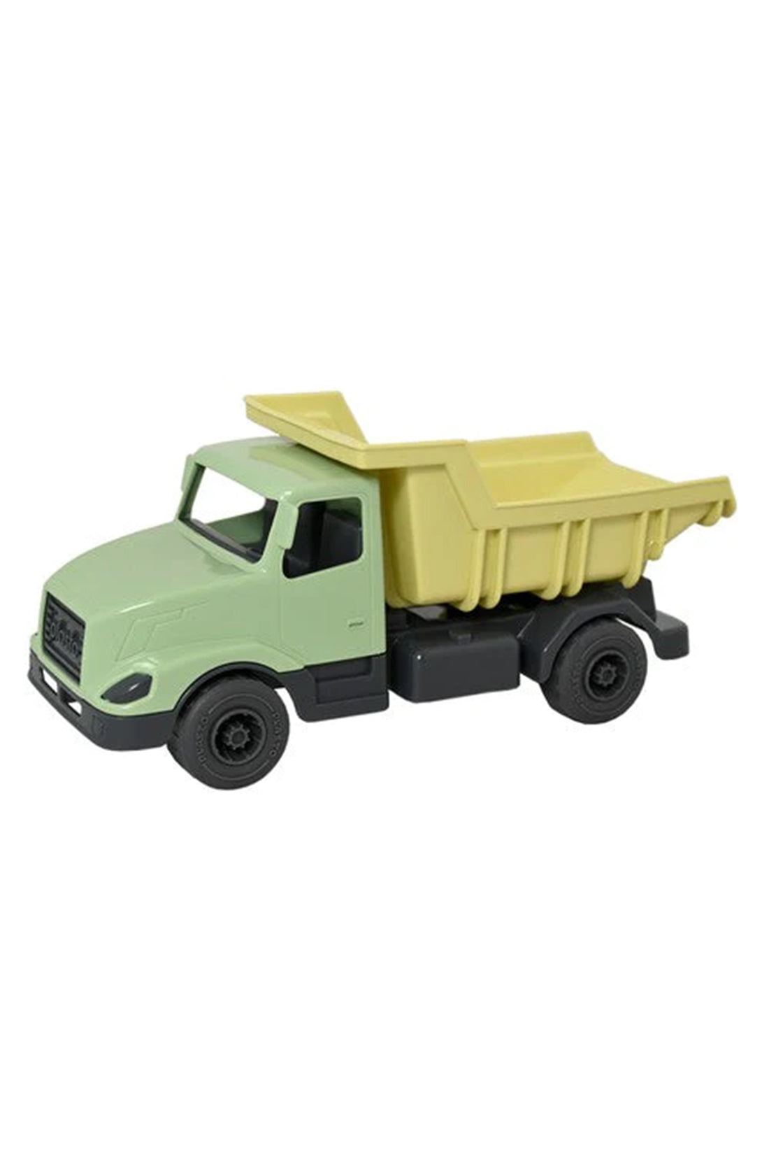 The BioPlastic Tipper Truck 22 cm by PLASTO is a green toy dump truck featuring a yellow dumping bed and black wheels, shown from a slight angle. Crafted from bioplastic, this truck boasts a simple and sturdy design, perfect for children’s play. Its clean and minimalistic appearance highlights its reduced carbon footprint.