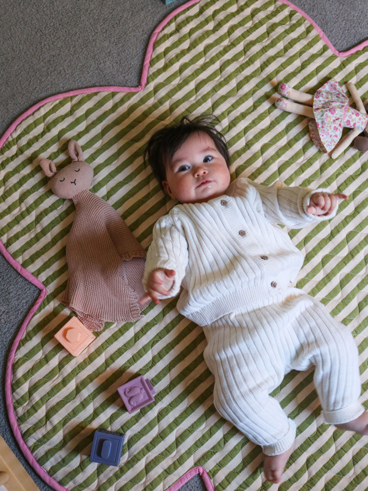 Mosey Me Pistachio Seersucker Playmat styled in nursery