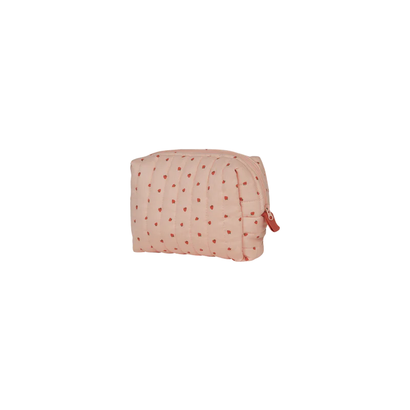 The OLLI ELLA Quilted Toiletries Bag Strawberry is a light pink cotton pouch with red heart patterns and a zip closure—perfect for storing cosmetics or as a stylish strawberry-themed pouch.