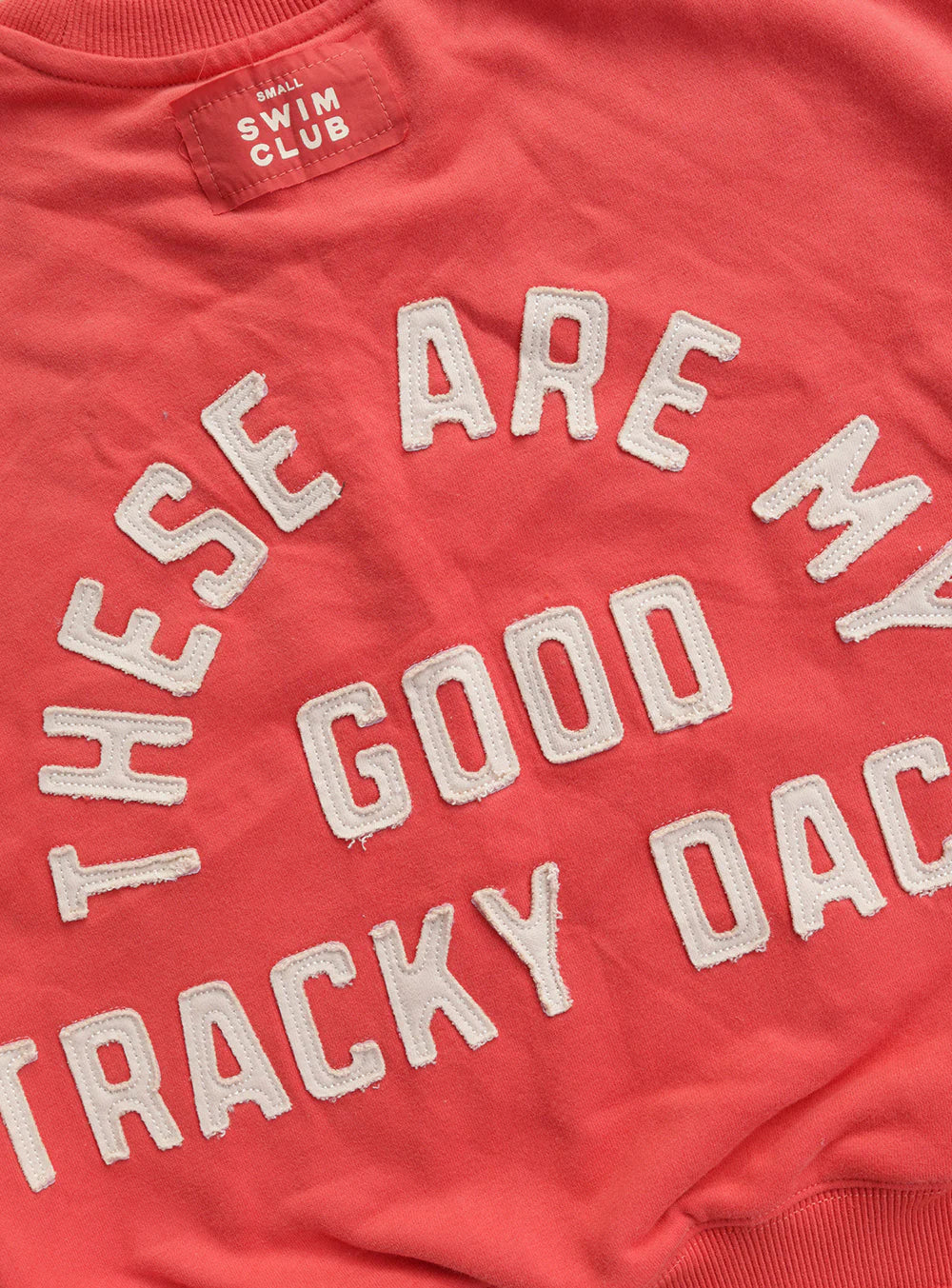 A close-up of the Small Swim Club - Good Tracky Pullover Red/Cream by SMALL SWIM CLUB, a coral slouchy jumper with white textured "THESE ARE MY GOOD TRACKY DACS" lettering and a "SWIM CLUB" label for a relaxed varsity look.