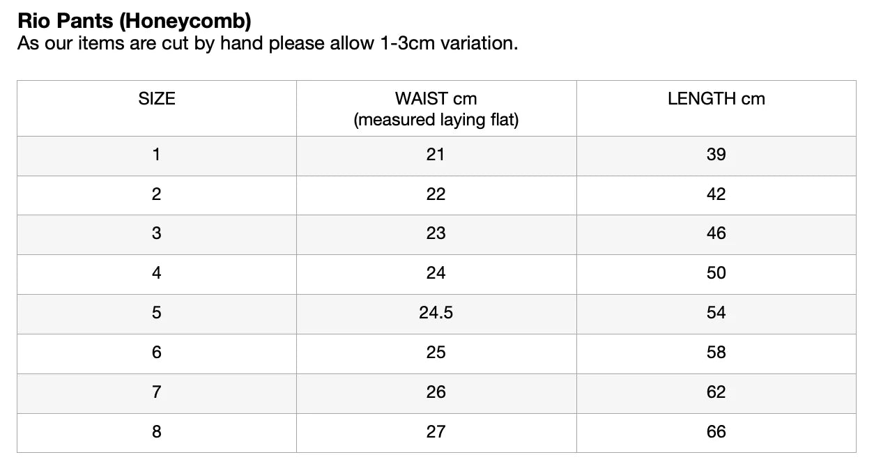 A size chart for Rio Pant Honeycomb by VALENCIA BYRON BAY, made from 100% sand washed cotton, with a note at the top stating items are hand-cut with a 1-3 cm variation. The unisex design chart lists waist in cm (measured laying flat) and length in cm for sizes 1 to 8.