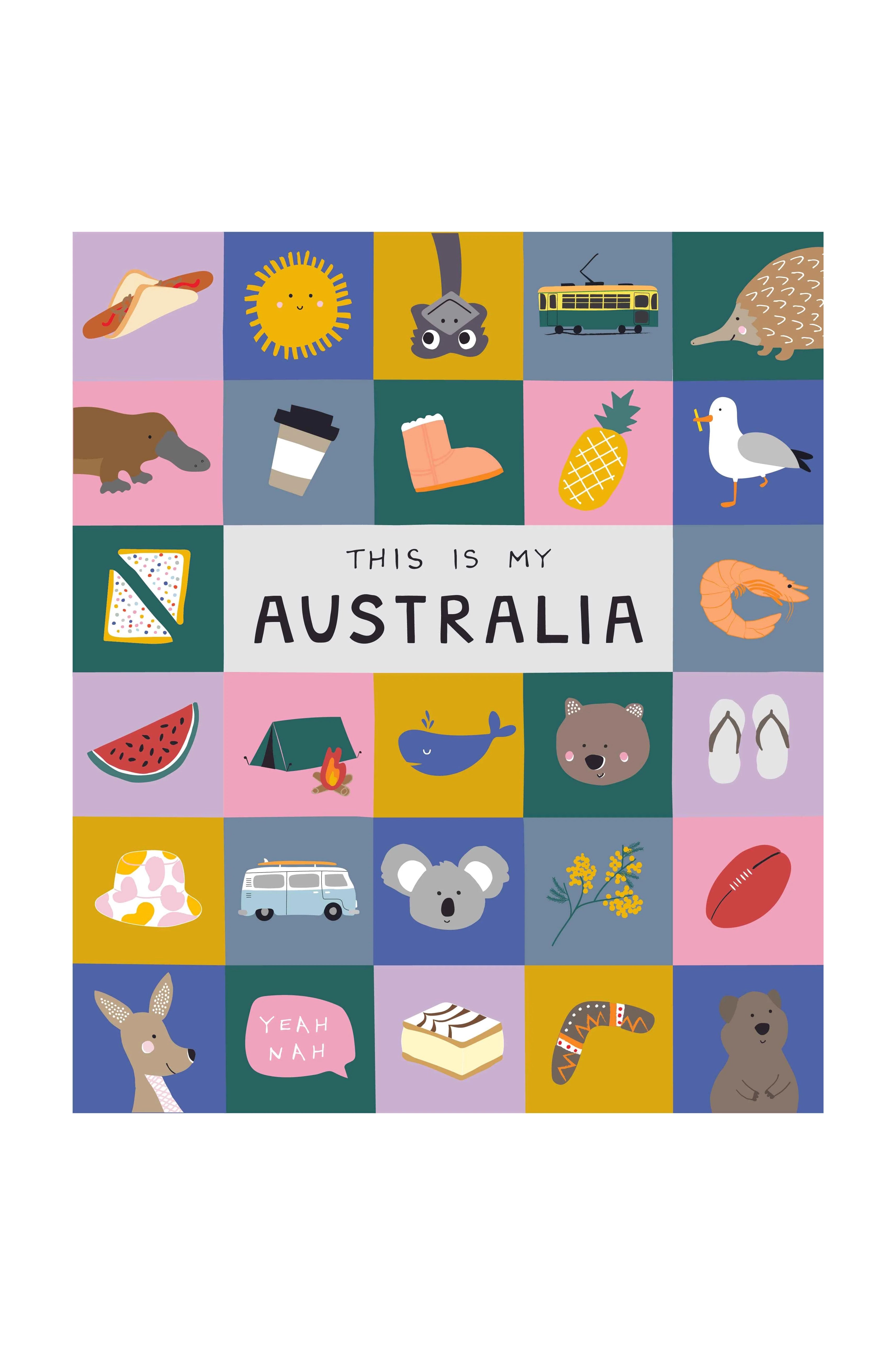 The vibrant hardcover edition, "This is My Australia" by BAY KIDS, captures Australian culture with colorful illustrations of sun, koala, tram, platypus, and more. This picture book also features iconic symbols like takeaway coffee and pavlova alongside the kangaroo and cricket bat.