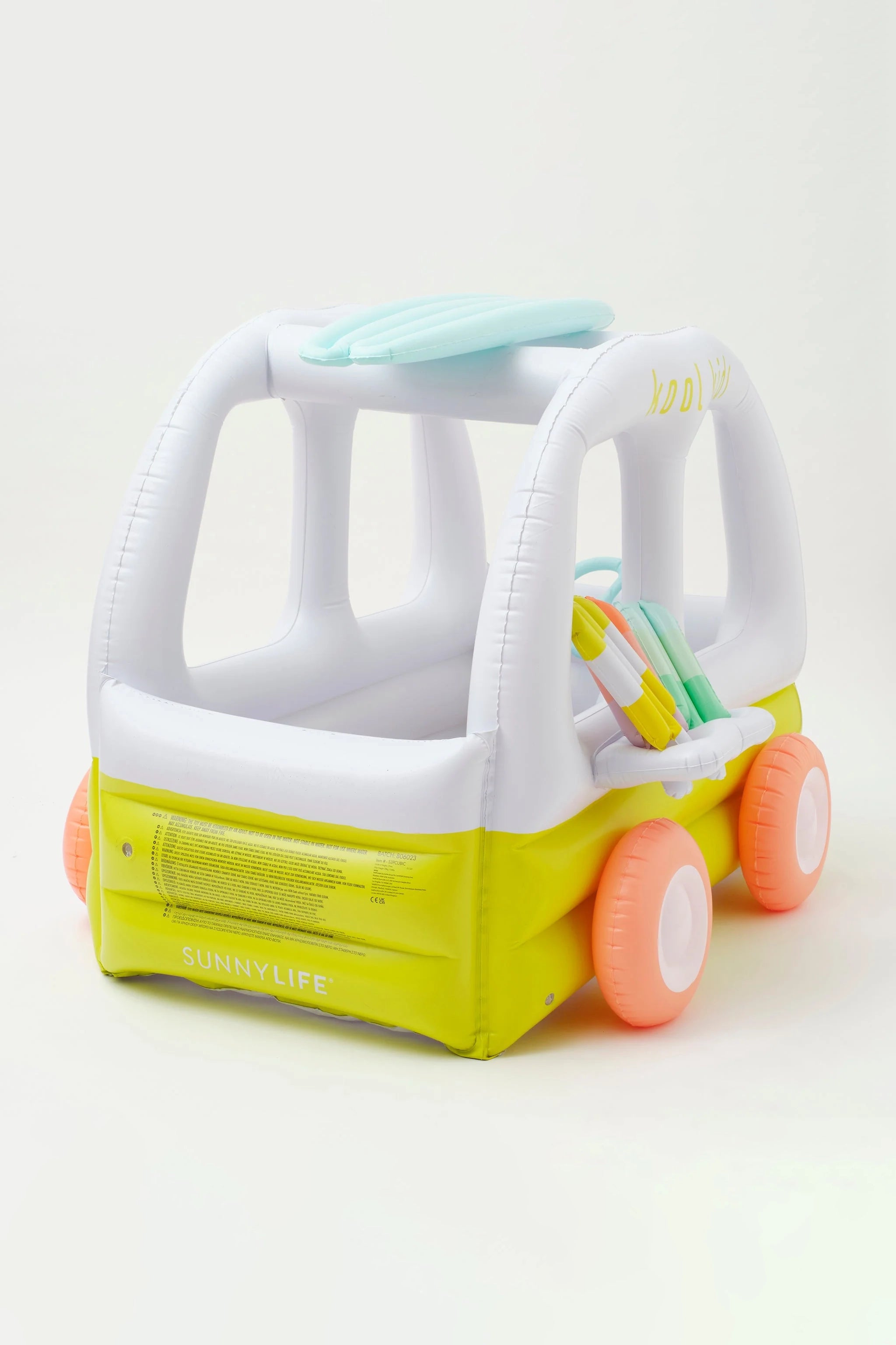 The Inflatable Cubby Ice Cream Van by SUNNYLIFE is a toy car designed like a beach van with vibrant colors. Constructed from sturdy PVC, it features a white and yellow body with light blue details on the top and large orange wheels. The side of the van displays "SUNNYLIFE" in white text. It also includes a repair patch for your convenience.