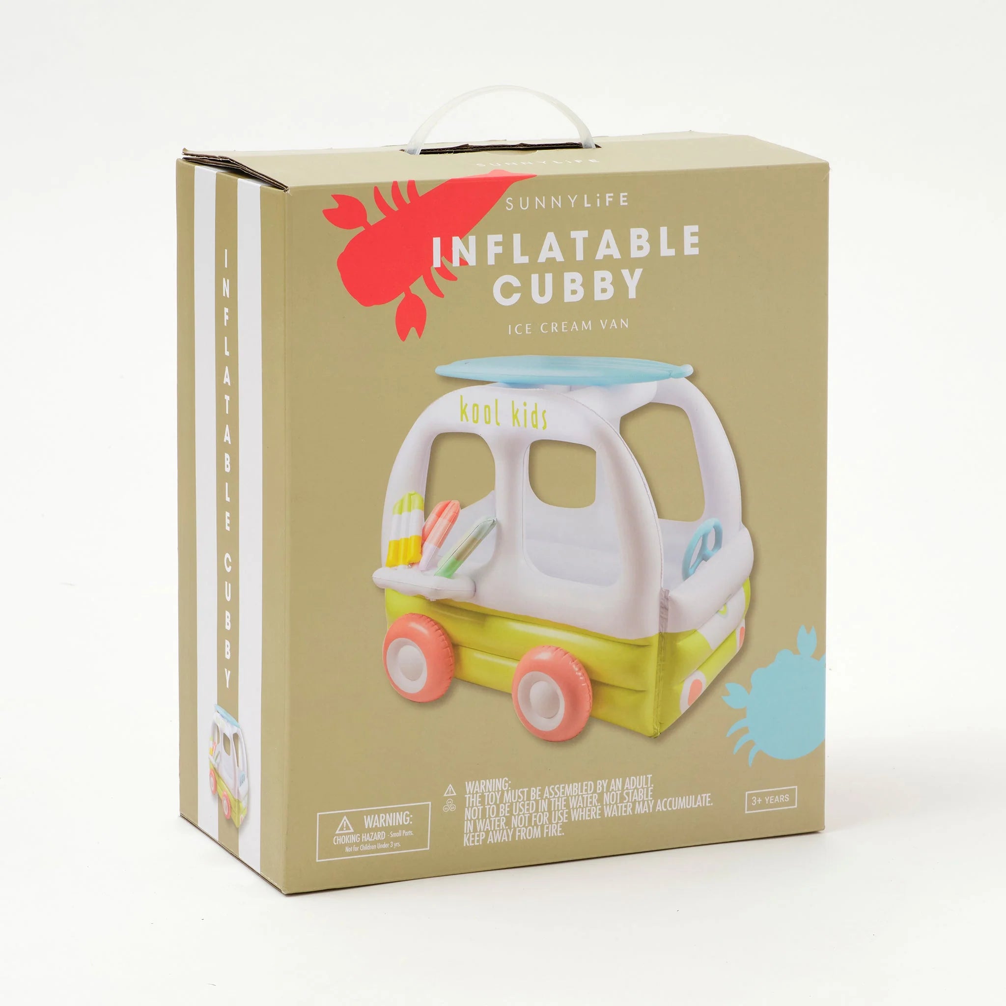 A beige box adorned with illustrations of a white inflatable ice cream van for kids, labeled "SUNNYLIFE Inflatable Cubby Ice Cream Van." This toy is crafted from durable PVC and features colorful details with the text "cool kids" on it. The box includes age recommendations, safety warnings, and a non-toxic Phthalate-free repair patch.