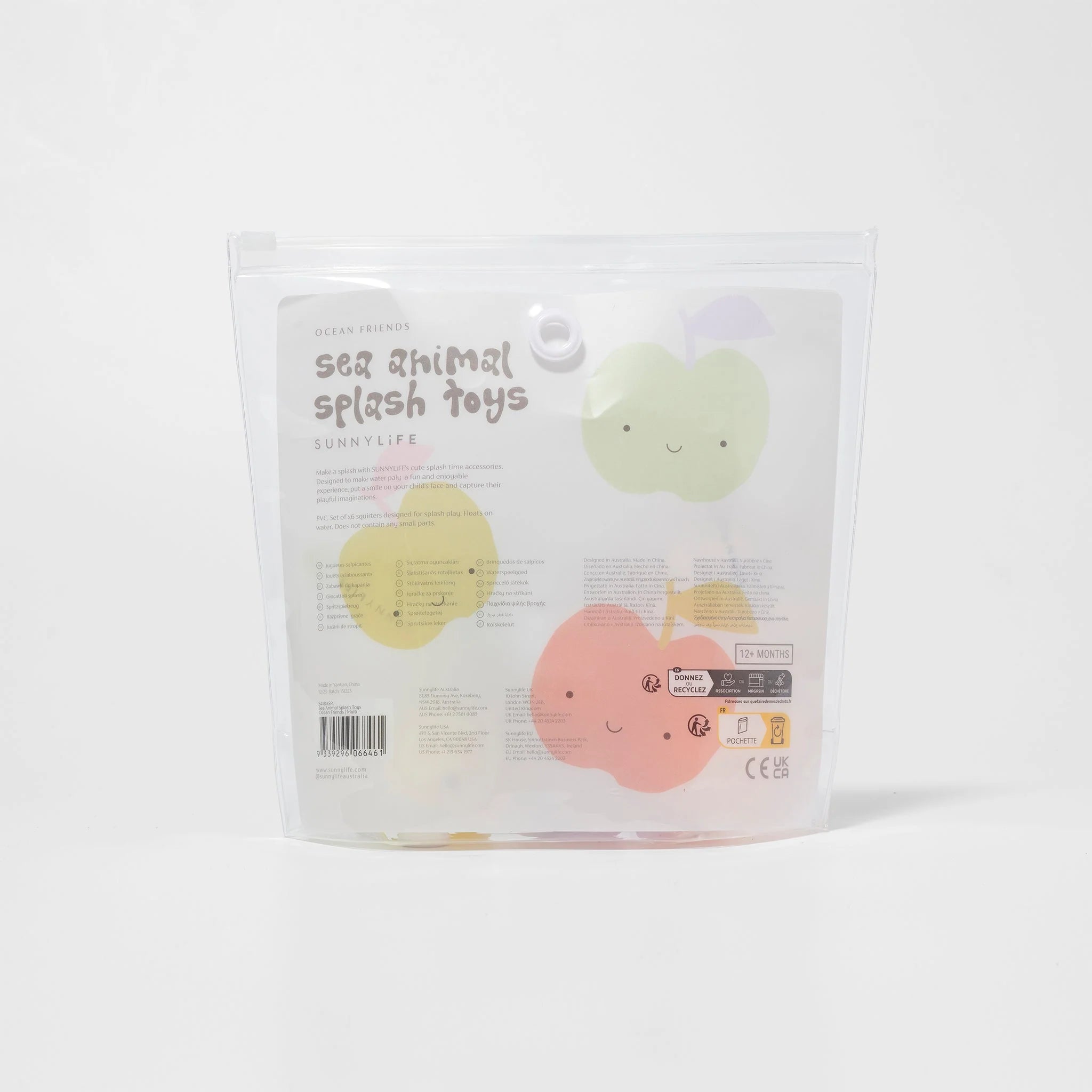 A transparent plastic pouch houses the vibrant animal-shaped splash toys known as "Sea Animal Splash Toys" from SUNNYLIFE. The packaging showcases cheerful sea creatures in pastel hues, ideal for splash play. These charming squirters include product details and safety information printed on the back panel.