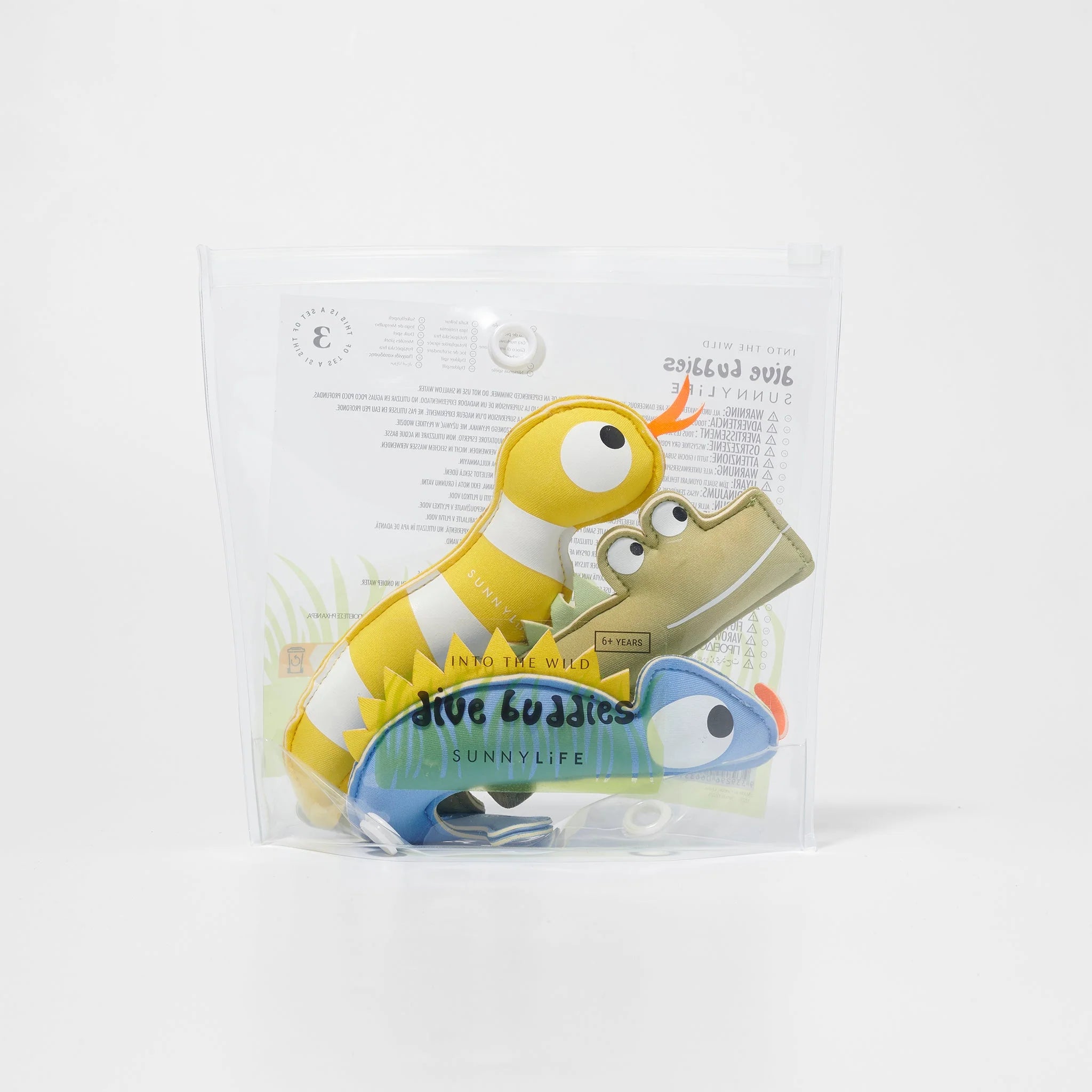 Clear plastic packaging containing a set of 3 animal-shaped pool toys from SUNNYLIFE: a yellow and white striped bird, a green crocodile, and a blue fish. Labeled "Into the Wild Dive Buddies," these durable neoprene material toys are perfect for enhancing children's diving skills.