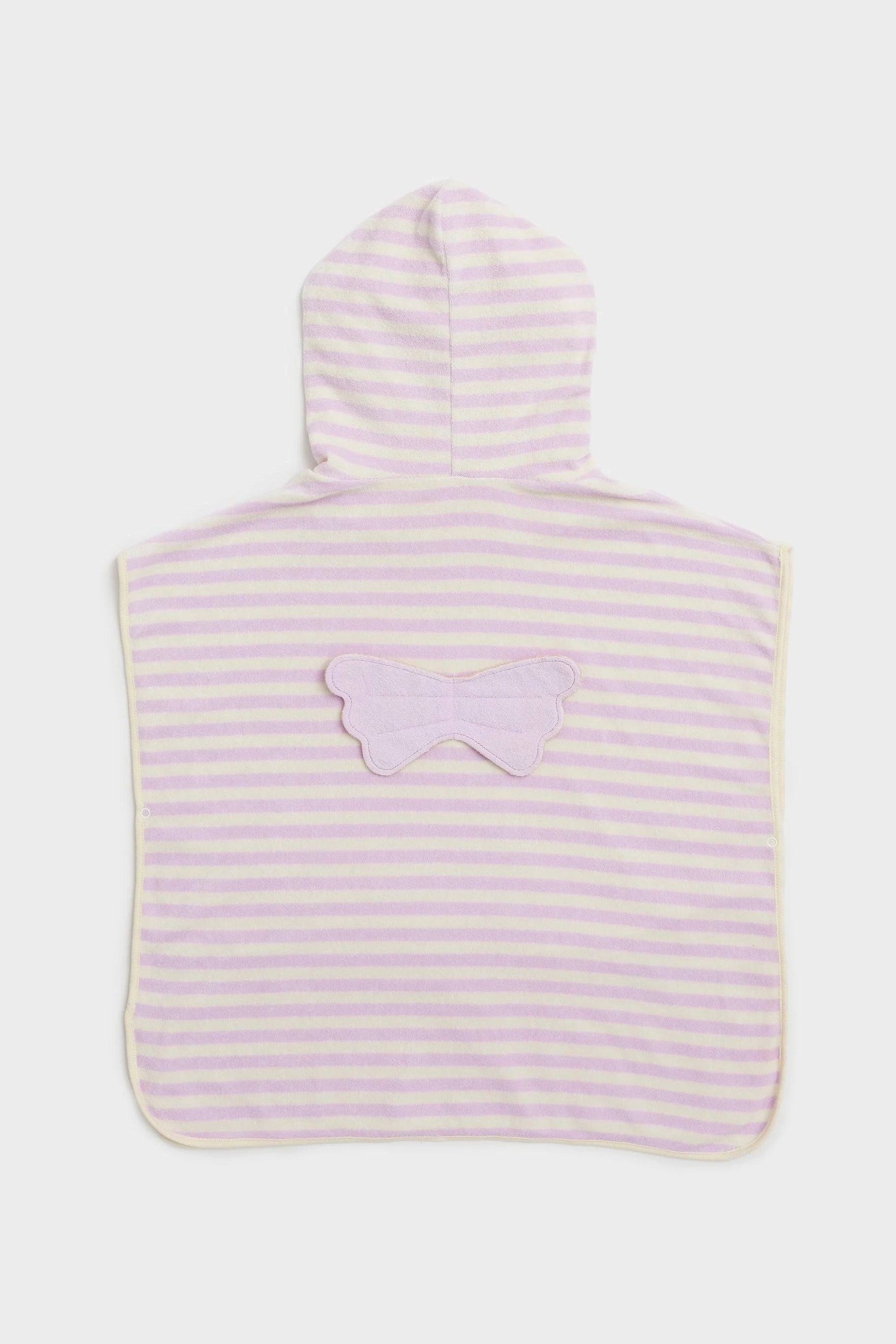 The SUNNYLIFE Kids Character Hooded Towel in Princess Swan/Soft Lilac features a cozy hood with charming white and light purple stripes, adorned with a delightful light pink butterfly-shaped patch on the back. Made from soft French Terry fabric, this towel is detailed with yellow trim along the edges. The hood is positioned at the top when laid flat on a white background, making it a perfect addition to your kids' clothing collection.