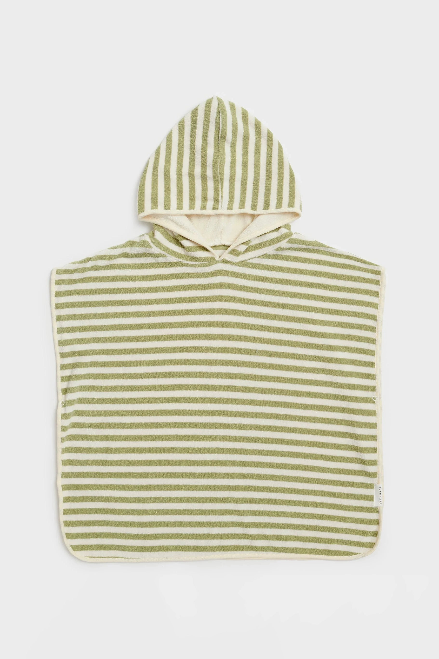 The SUNNYLIFE Kids Character Hooded Towel Into the Wild/Khaki is an adorable khaki hooded poncho for babies, featuring wide horizontal stripes. This children's product boasts a loose fit with open sides for effortless wear. The hood and edges are adorned with a soft, off-white trim. Made from French Terry fabric, it appears incredibly soft and comfortable.