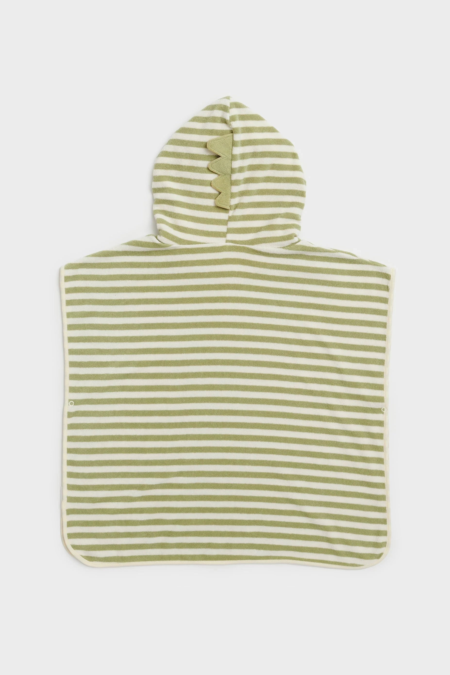 The SUNNYLIFE Kids Character Hooded Towel Into the Wild in khaki is displayed flat against a plain white background. This charming baby towel features light green and white horizontal stripes and is crafted from soft French Terry fabric. It includes a playful hood adorned with small green fabric spikes, creating an adorable dinosaur look.